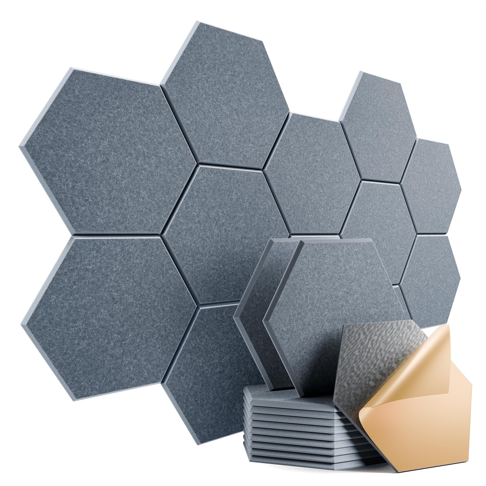 12 Pack Self-Adhesive Acoustic Panels 12" X 10" X 0.4" - Sound Proof Foam Wall Panels with High Density, Hexagonal Design, Flame Resistant, Absorb Noise and Eliminate Echoes(Gray)
