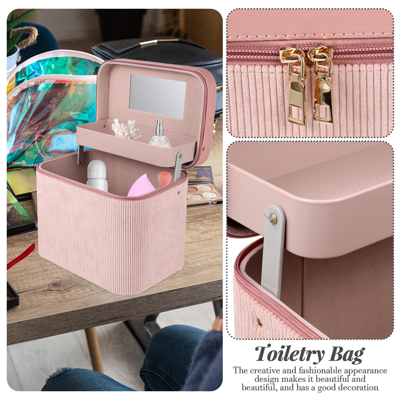 Hohopeti Doppellagige Kosmetiktasche Damen mit Spiegel Robuste Reisekosmetiktasche Rosa Tragbarer Kulturbeutel für Make Up und Hautpflege