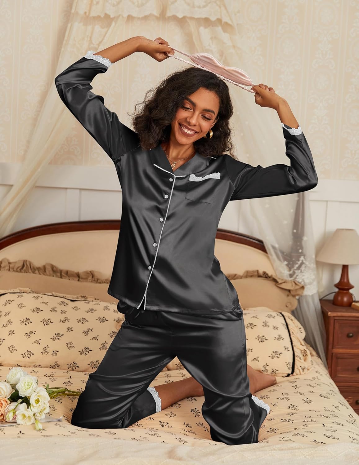Ekouaer Satin Pajamas for Women Silk Long Sleeve Sleepwear Button Down Loungewear 2 Pieces Lace Soft Pjs Set - Image 4