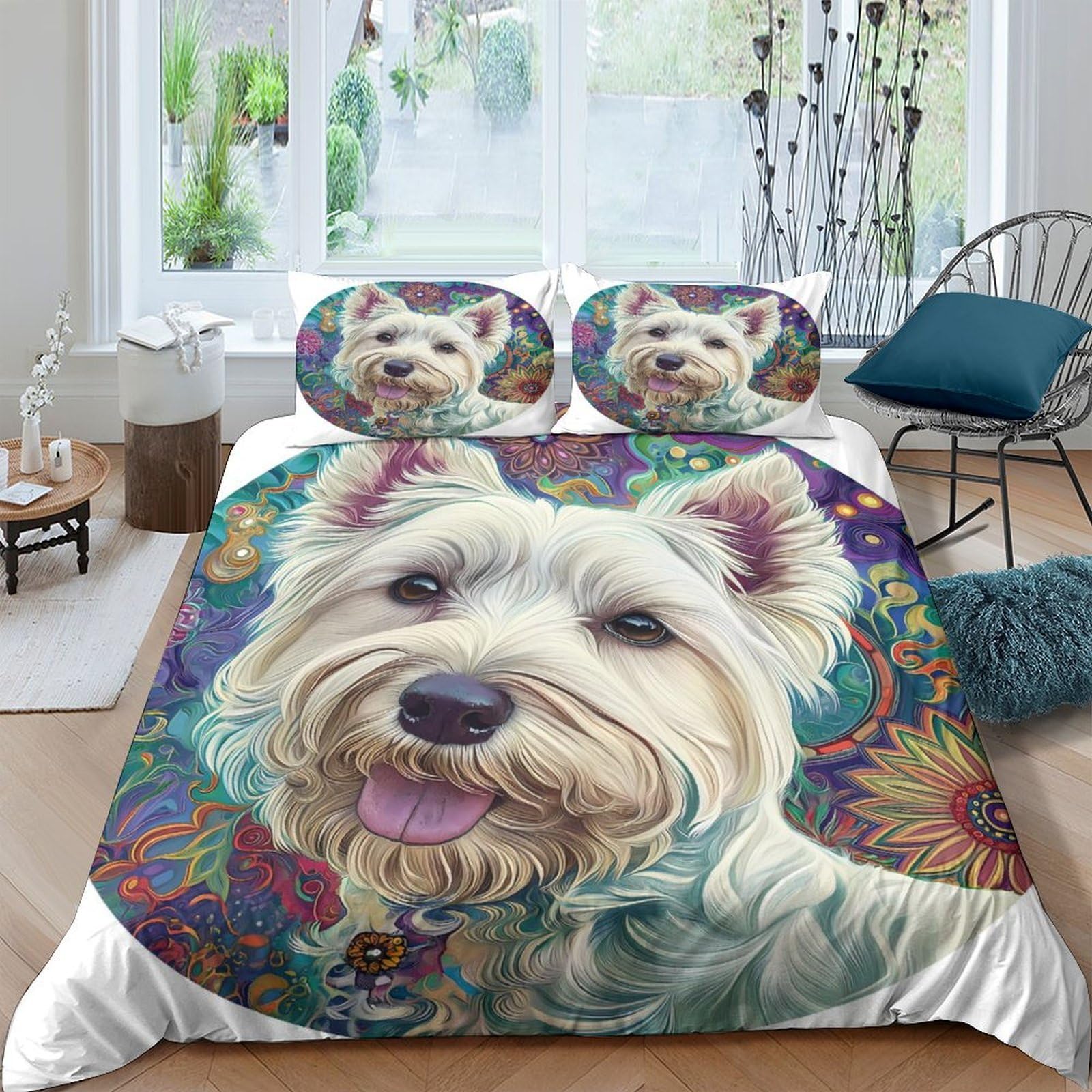 Ctjqhvkz Style-5 3D Printed White Terrier Dog Fitted Sheet Microfiber Soft Breathable Floral Bed Cover For Bedroom Dorm Decor Single（135X200cm）