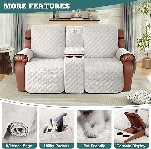 Miniatura 5 de Ruaozz Funda impermeable para sofá biplaza reclinable con consola, funda antideslizante para sofá reclinable dividido, con correas elásticas,