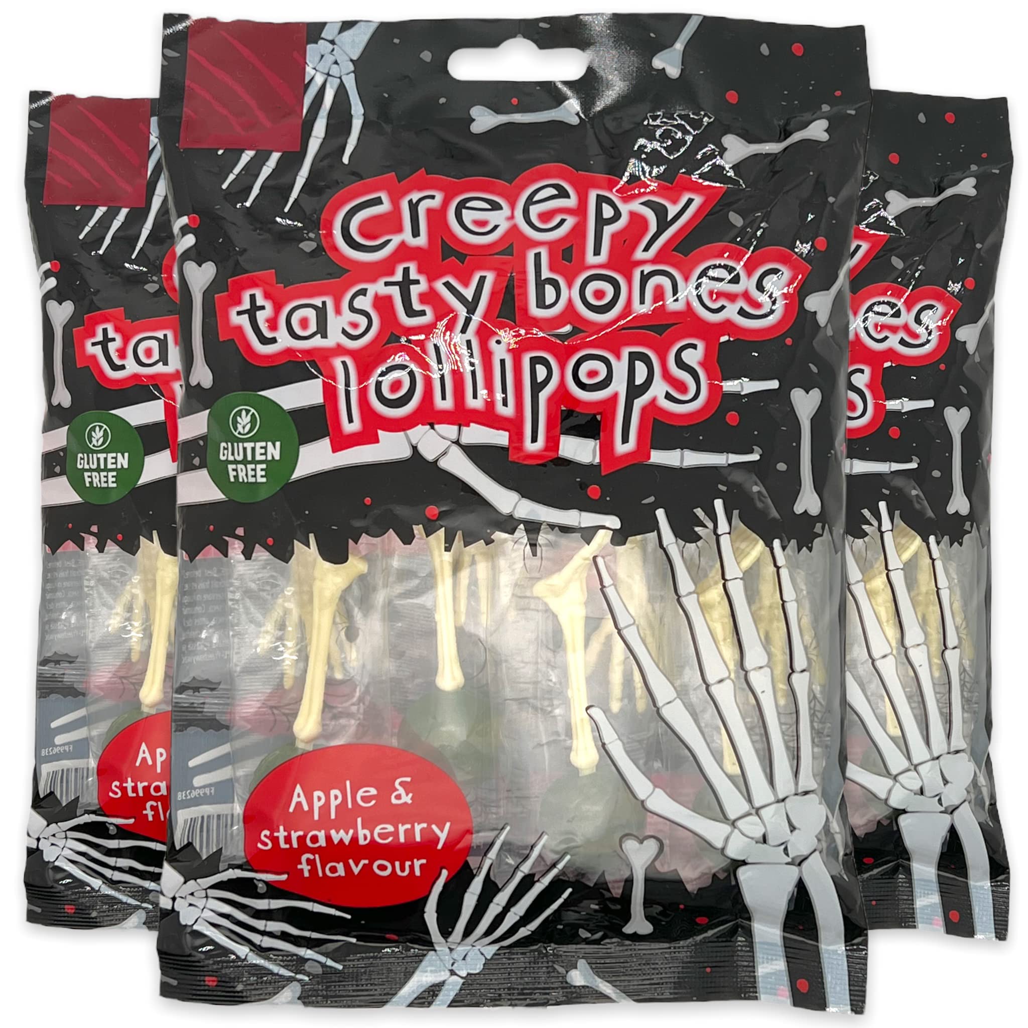 MIK funshopping Bonbons d'Halloween - Petit cadeau effrayant pour fête et snacks terriblement délicieux, bonbons emballés individuellement (sucettes Creepy Tasty Bones, 3 x 80 g)