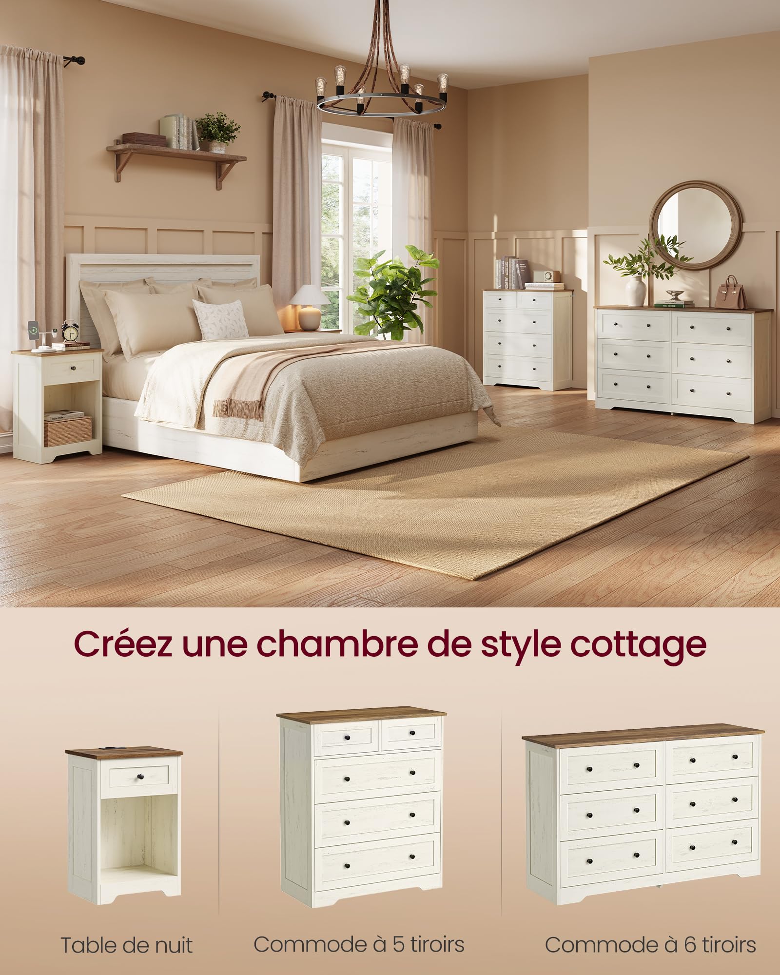 VASAGLE Table de Chevet en Bois avec Station de Charge, Table de Nuit avec Ports USB et 1 Tiroir, 40 x 30 x 59 cm, Blanc Nuage et Brun Chaud, Style Champêtre, Collection Siren LET628WJ01