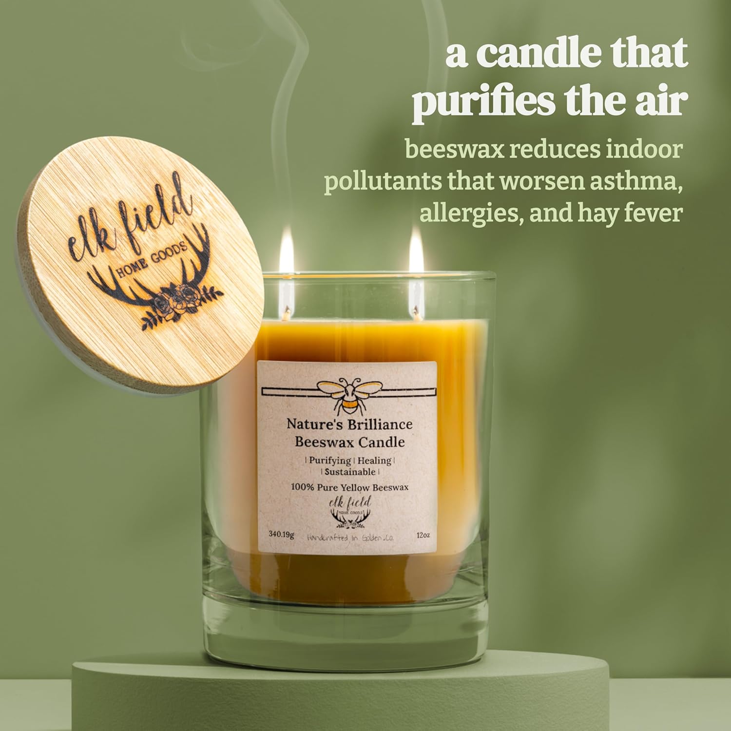 100% Pure Colorado Beeswax Candle | 1 Ingredient, Handpoured in Golden, CO - Natural Honey Scent, Non Toxic, Organic, Glass Jar, Two Cotton Wicks, 80 Hour, 12oz