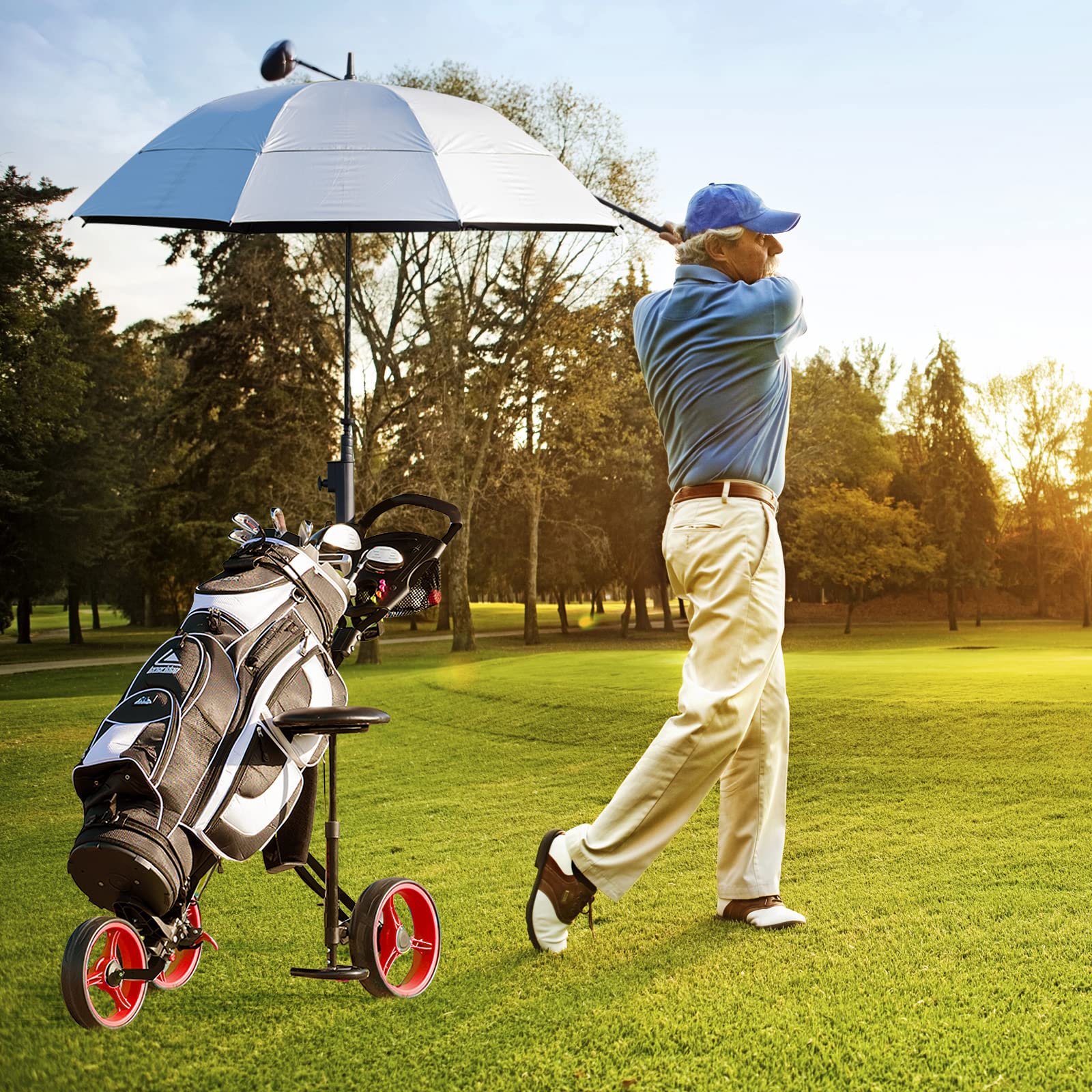COSTWAY Carrello da Golf Pieghevole a 3 Ruote, con Sedile, Maniglia Regolabile in Altezza, Rabellone Segnapunti, Portabevande, Portaombrelli e Freno a Pedale