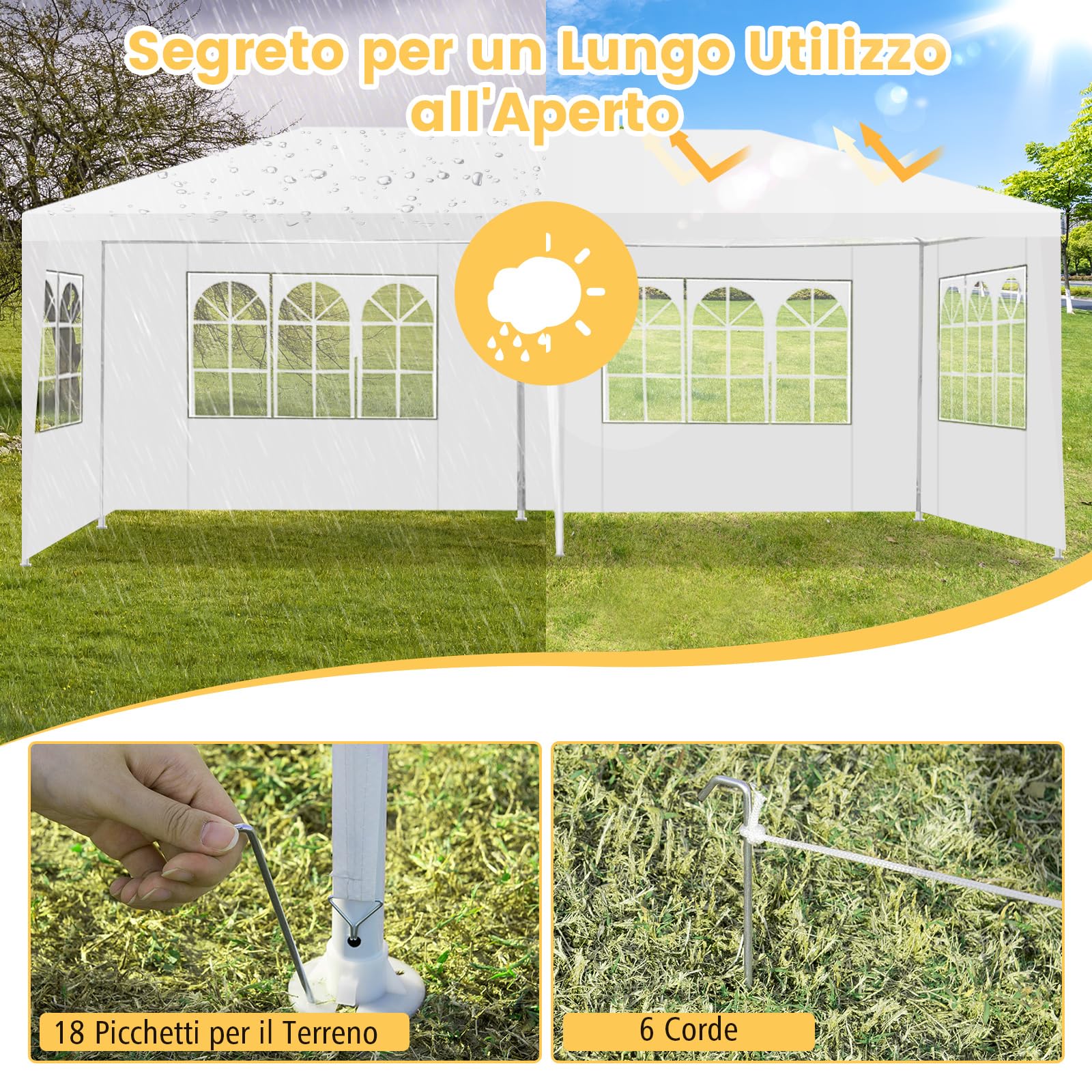 COSTWAY Gazebo da Giardino 6 x 3 m, Tendone per Feste con 4 Pareti Rimovibili, con Borsa di Trasporto, Impermeabile Protezione UV, per Matrimonio Eventi e Barbecue