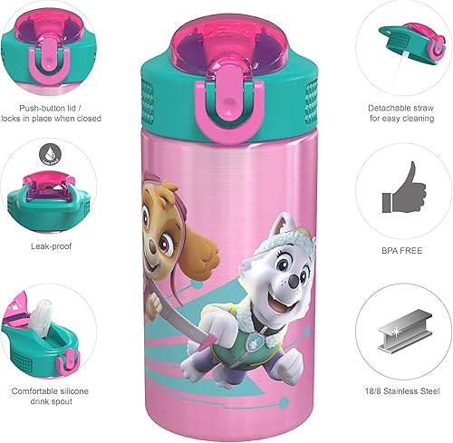 Miniatura 3 de Zak Designs - Botella de agua de acero inoxidable 18/8, para niños, con boquilla tipo pajilla abatible, diseño duradero de Paw Patrol Skye, sin