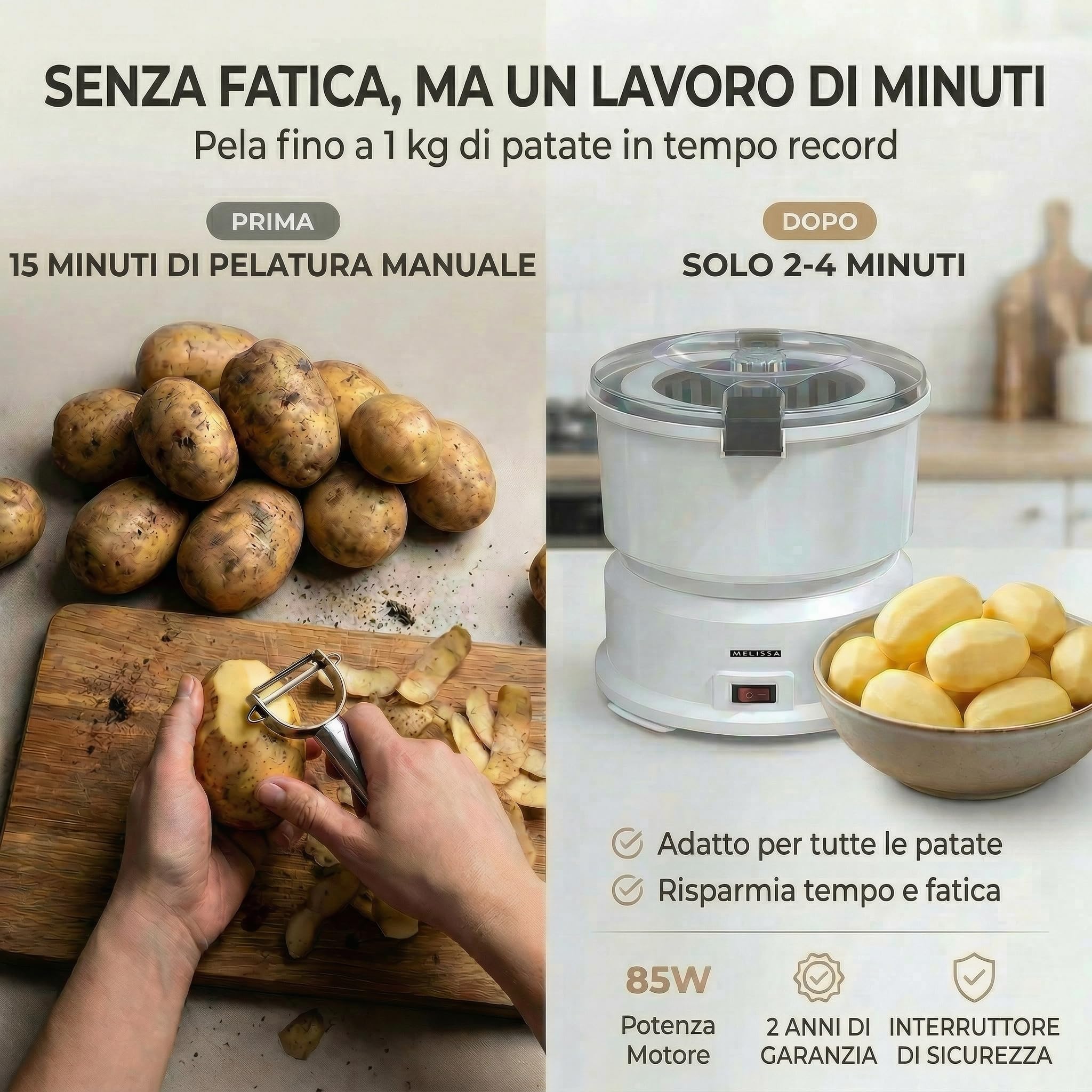MELISSA 16220008 Pela Patate Elettrico, Pelatore Elettrico - capacità 1 kg, con centrifuga per insalata, 85 Watt, colore - Bianco | Pelapatate con centrifuga per insalata e verdure, capacità 1 kg, 85 Watt, bianco