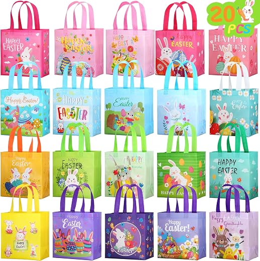 Tudomro 20 Pieces Easter Tote Bags with Handles Bunny Non Woven Bags Reusable Easter Grocery Shopping Bag Kitchen