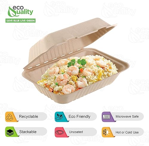 Miniatura 2 de EcoQuality [Paquete de 200 recipientes de alimentos compostables de 6 x 9 x 3 pulgadas con cáscara de almeja compostable – bagazo de caña de azúcar,