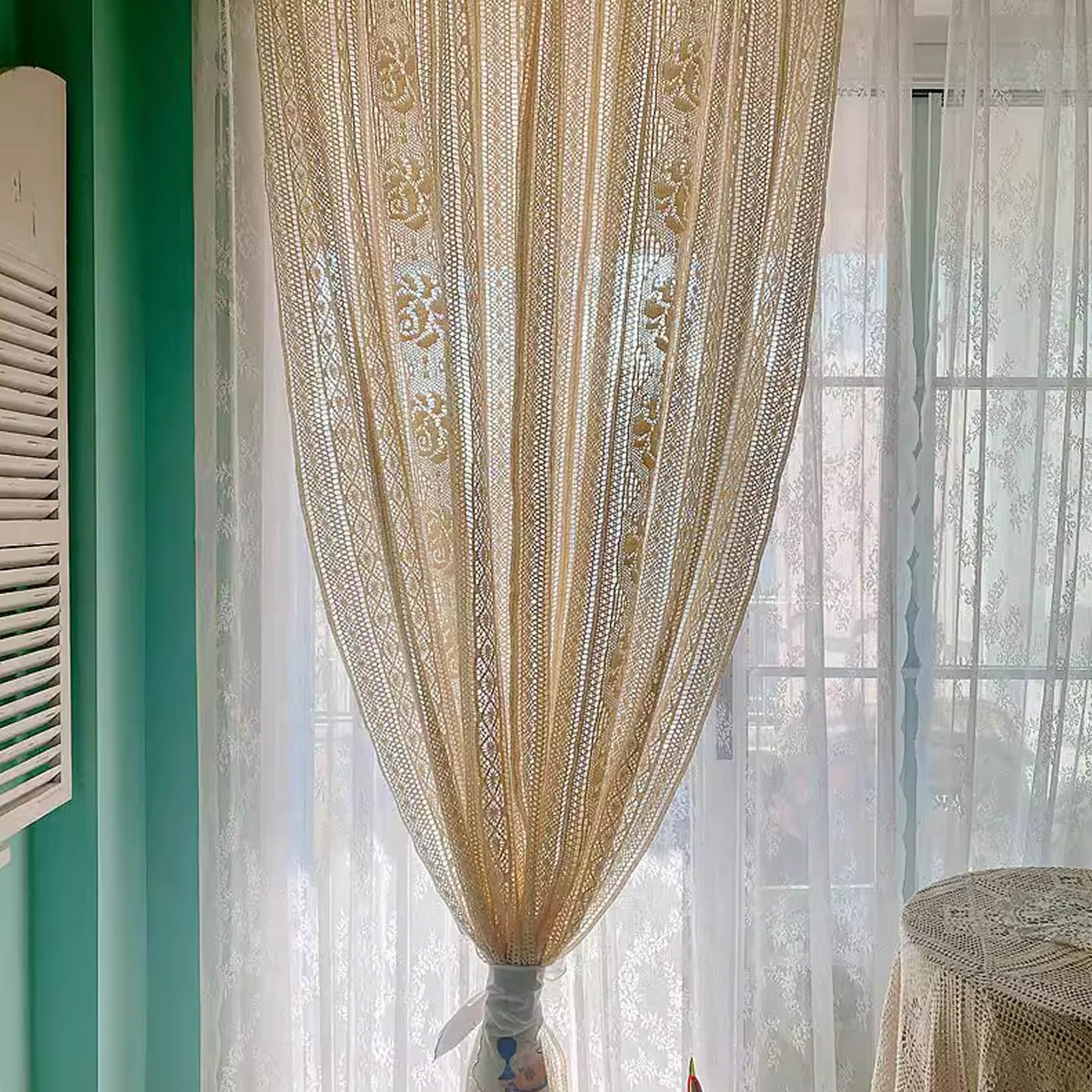 Rideau Au Crochet Boho Chic avec Glands, Rideau en Dentelle Brodée Florale de Ferme pour Chambre à Coucher et Salon, 1 Panneau