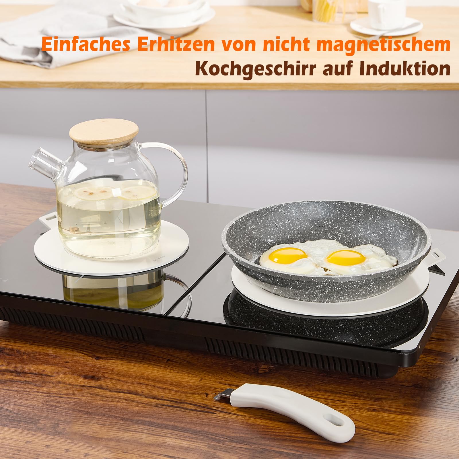 ACTIV CUISINE Induktion Adapterplatte 24 cm Induktionsadapterplatte mit abnehmbarem Griff Moka Induktionskochteller Adapter Edelstahl für die Verwendung von Kochgschirr auf Induktion, Weiß