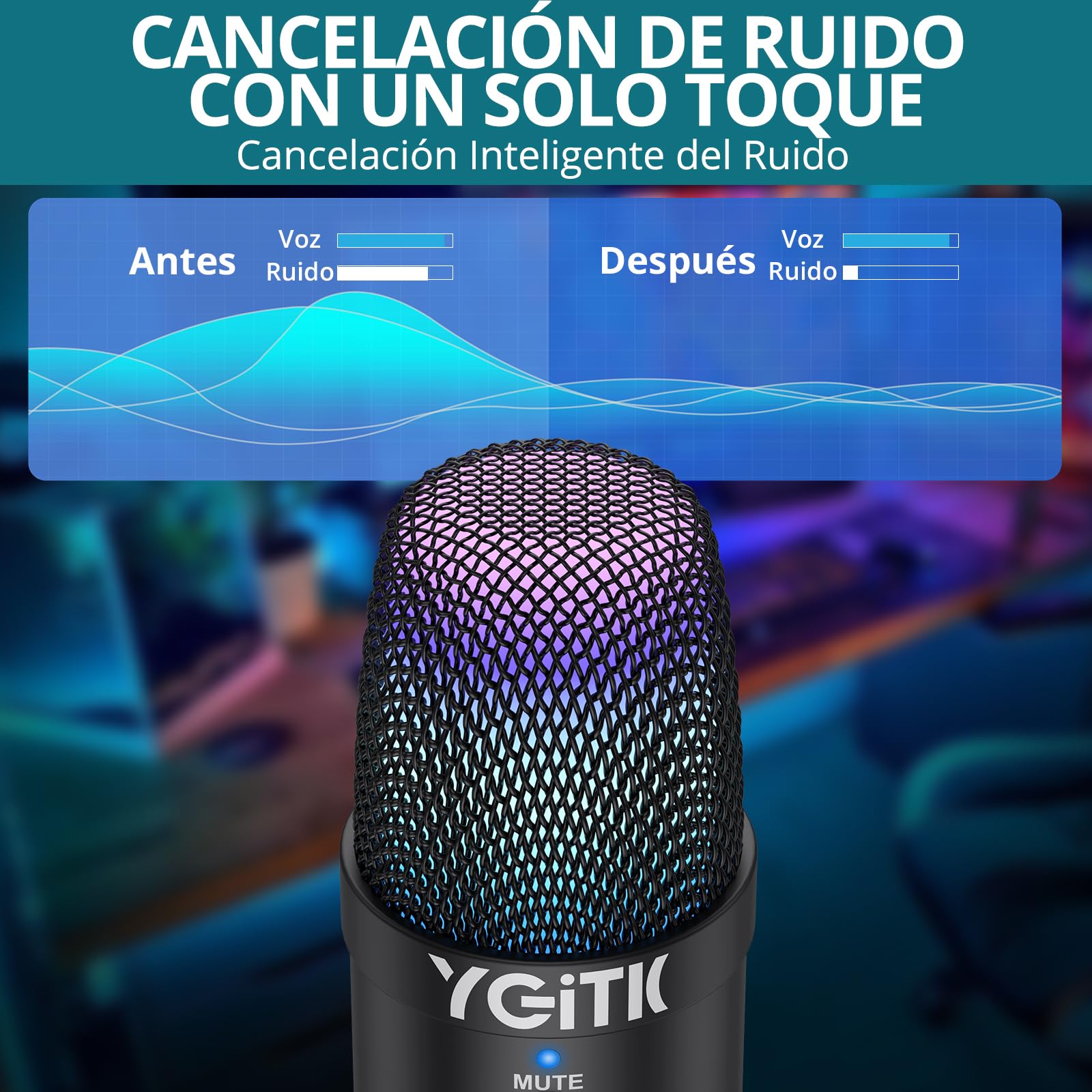 Micrófono USB，Microfono PC Gaming RGB,Reducción Inteligente del Ruido con Audio de 3.5 mm Plug & Play para PC Teléfonos, Canto, Youtube,Facebook TIK Tok Compatible con Mac, Windows