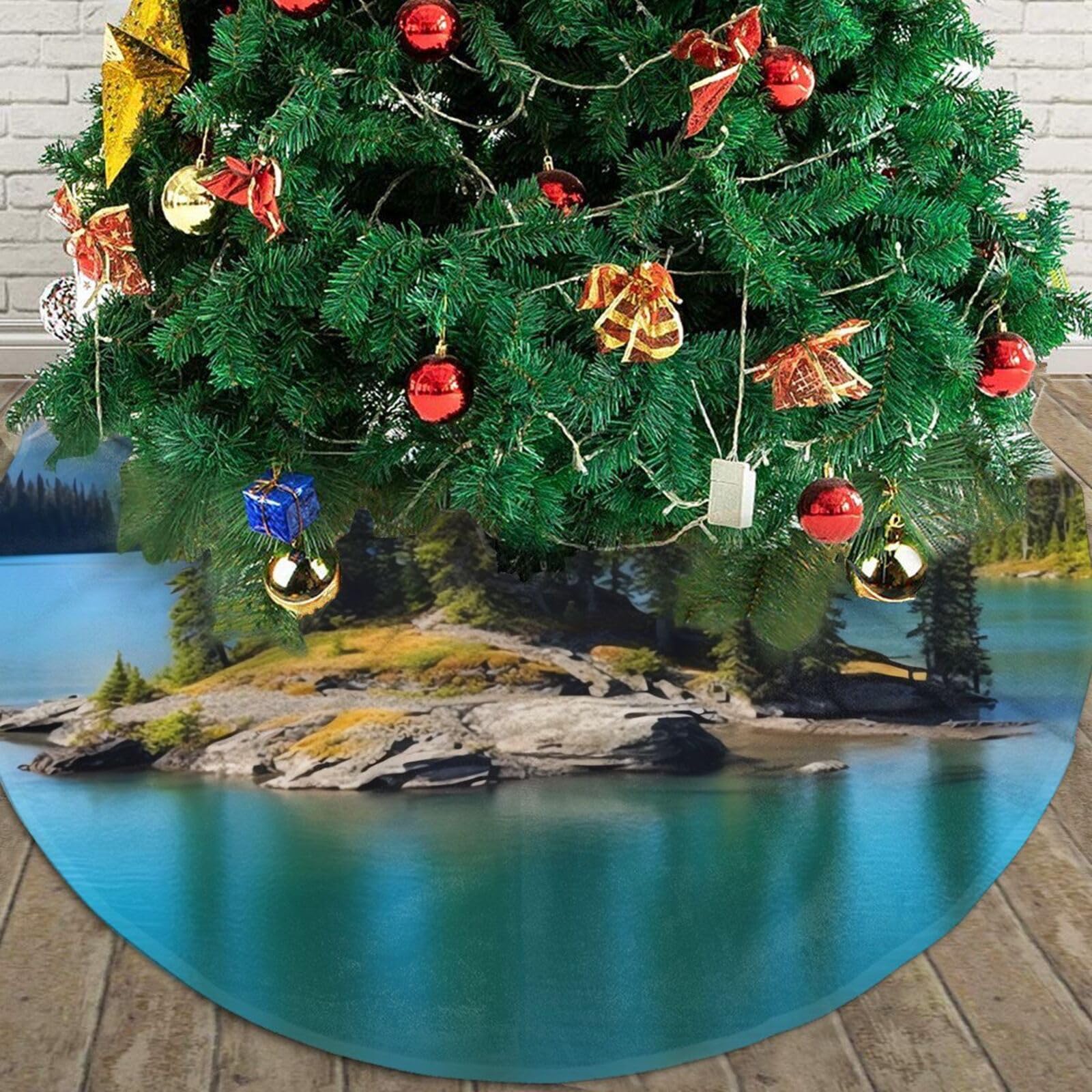 Spirit Island in Lake Christmas Tree Skirt 48" Plush Soft Artificial Tree Mat Cover Merry Christmas Xmas Tree Skirt for Christmas Decoration Holiday Indoor Outdoor Winter Party Decor