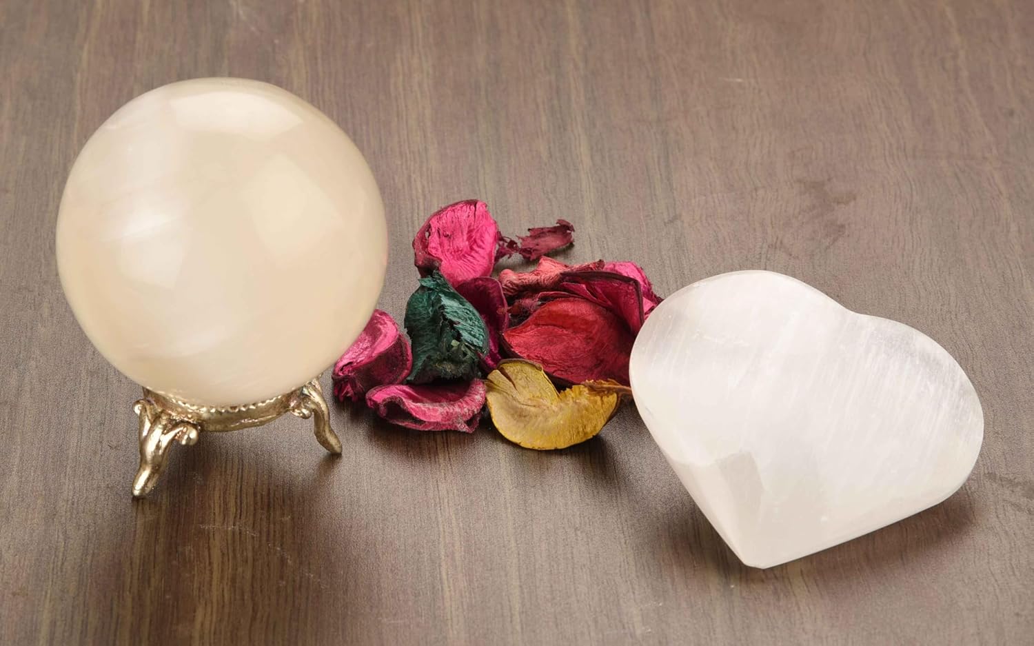 Reiki Healing Gemstone Gift Selenite Ball Sphere Stone 35 to 40 mm Approx + Selenite Heart 2 Inches Approx