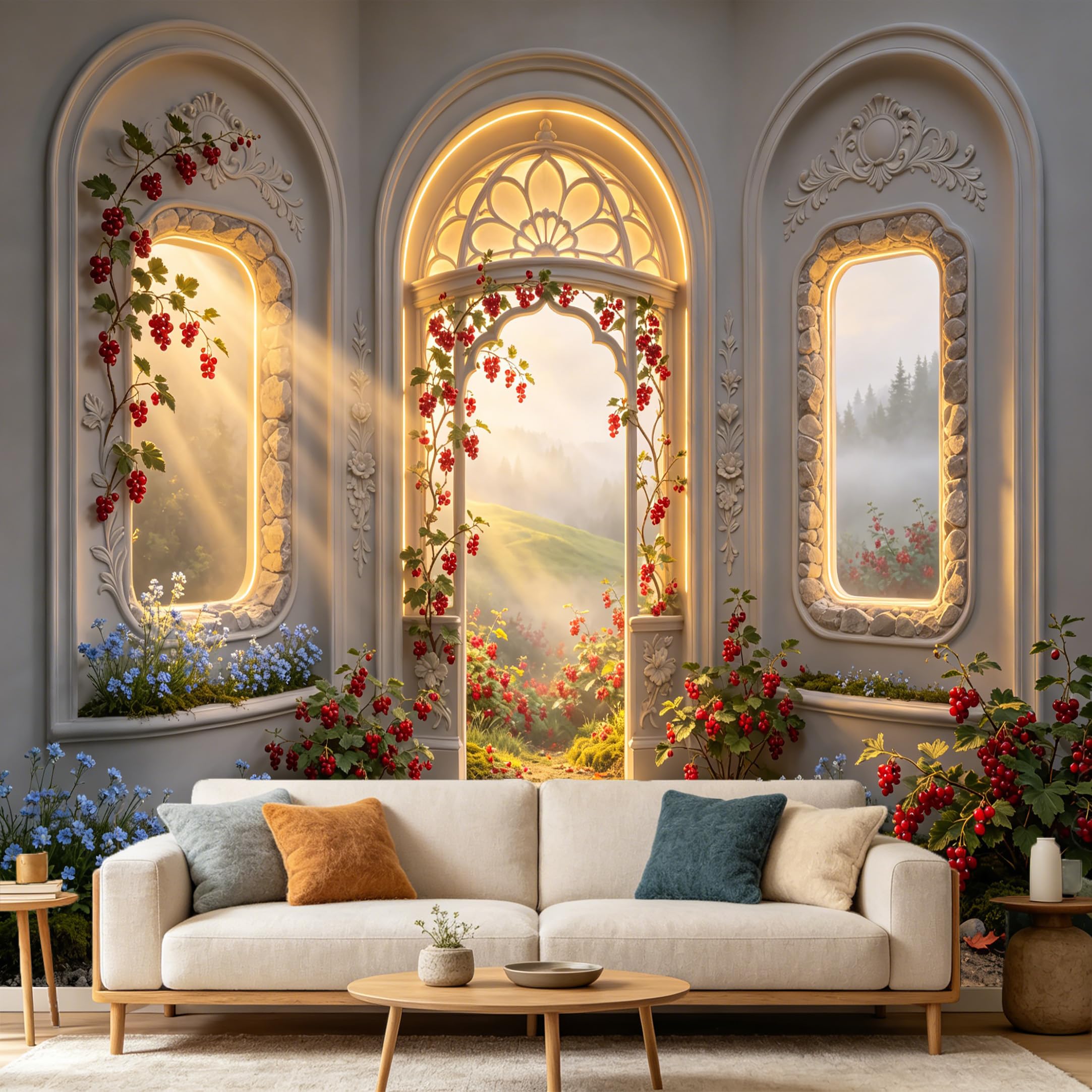 Custom Size Wall Mural Archway Garden Landscape Botanical Red Berry Vine Neoclassical Scenic View SelfAdhesive Art Prints wall Fabric Removable Large Wallpaper Home Living Room Decor