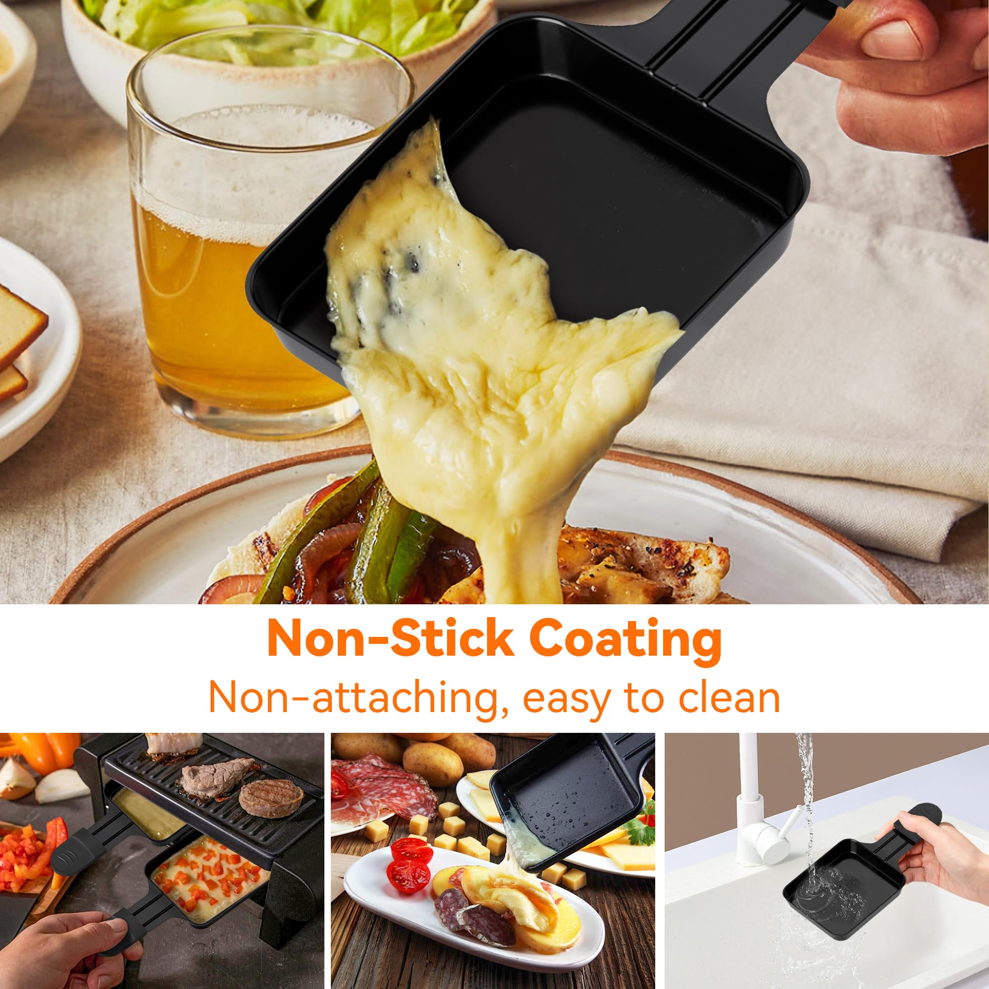 Yoassi 8pcs Mini Padelle per Raclette,Mini Piastra Raclette Antiaderente con 8 Spatole di Nylon,Misura Universale con Manici Antiscottatura,Padelle Quadrate da Raclette per Fuso Uovo Fritto