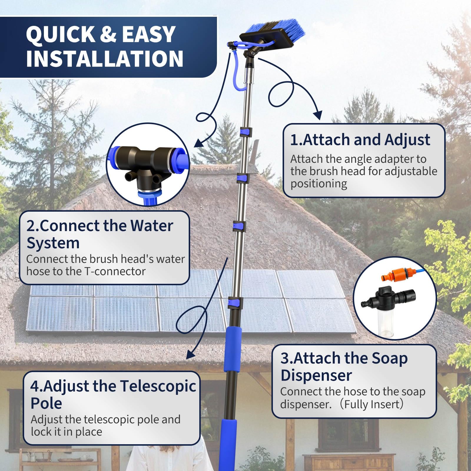 Kit de limpieza de paneles solares de 20 pies, cepillo telescópico de limpieza de paneles solares con poste de extensión y dispensador de jabón para el hogar y al aire libre