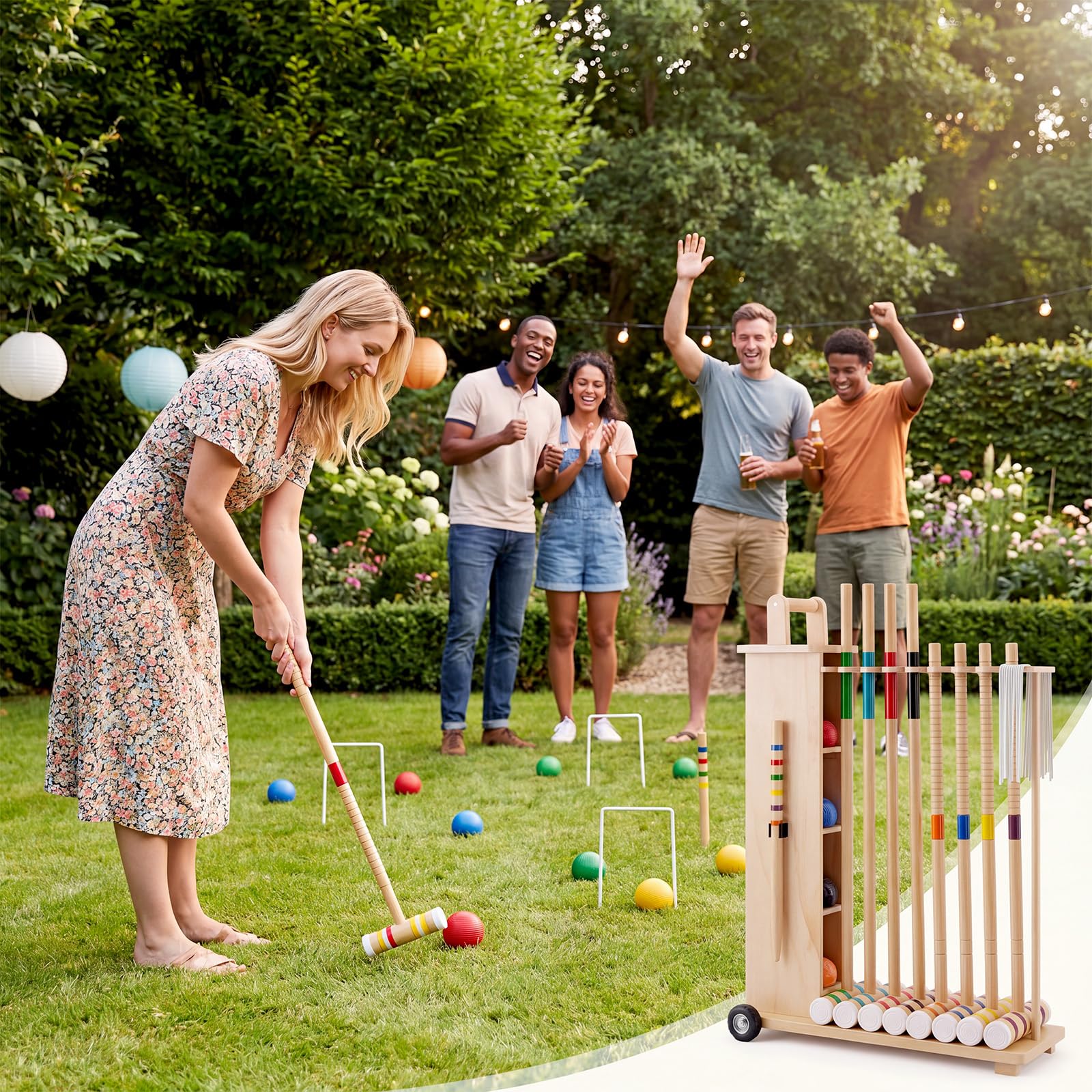 Hiboom Juego de croquet para 8 jugadores para adultos con soporte de madera