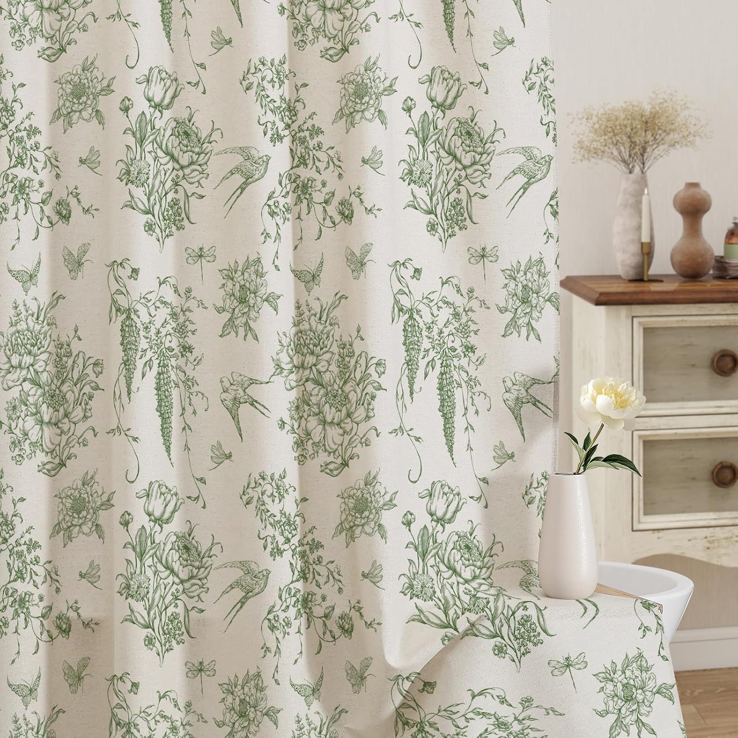 MitoVilla Sage Green Farmhouse Shower Curtain Set, Cotton Floral Swallow Cottagecore Shower Curtains for Bathroom, Modern French Country Burrerfly Flower Bathroom Décor, 72" W x 72" L
