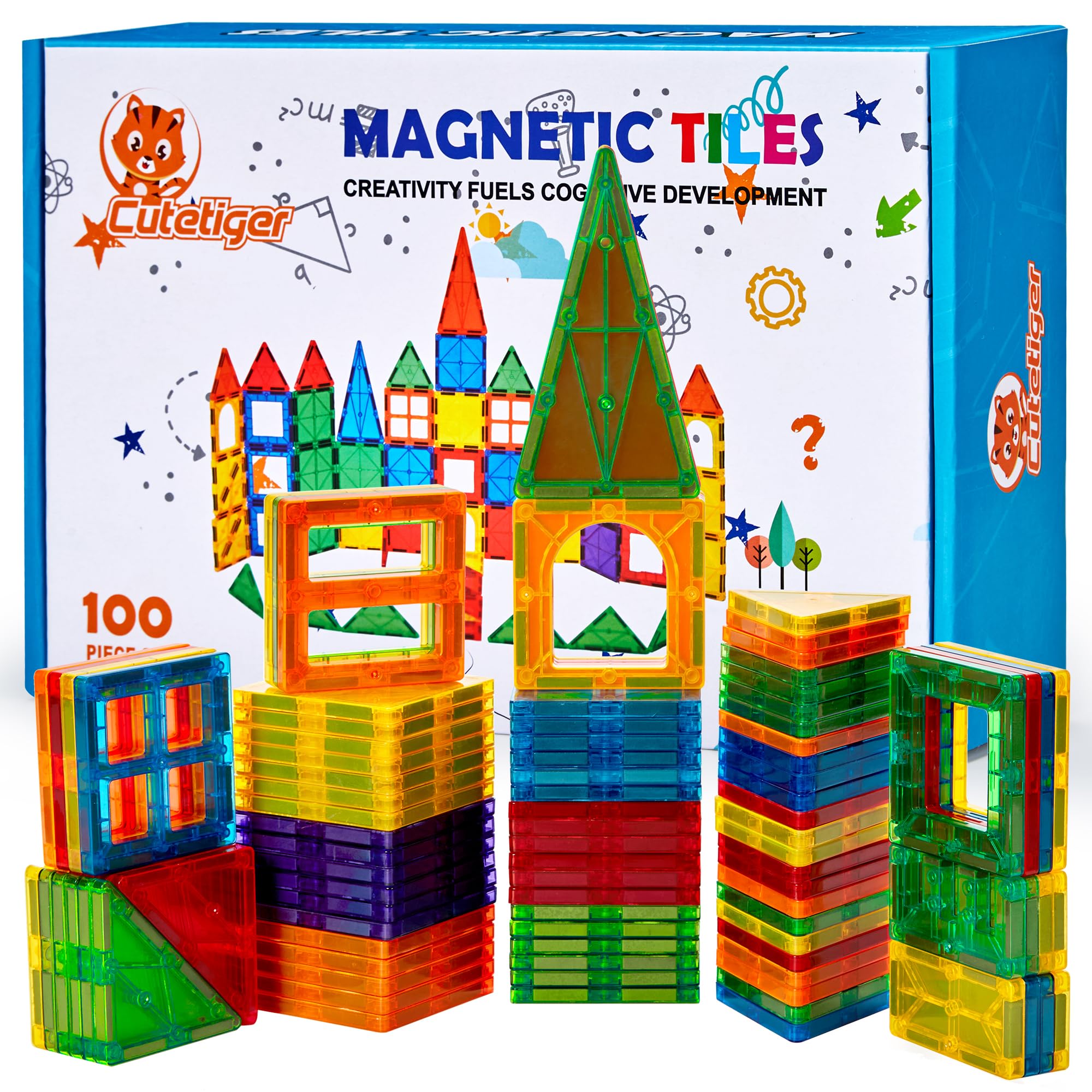 CuteTiger Magnetic Tiles, Magnet Tiles, 100 Pcs Magnetic Building Blocks No Cars, Square Building Castle, Preschool Toys, STEM Stacking Construction