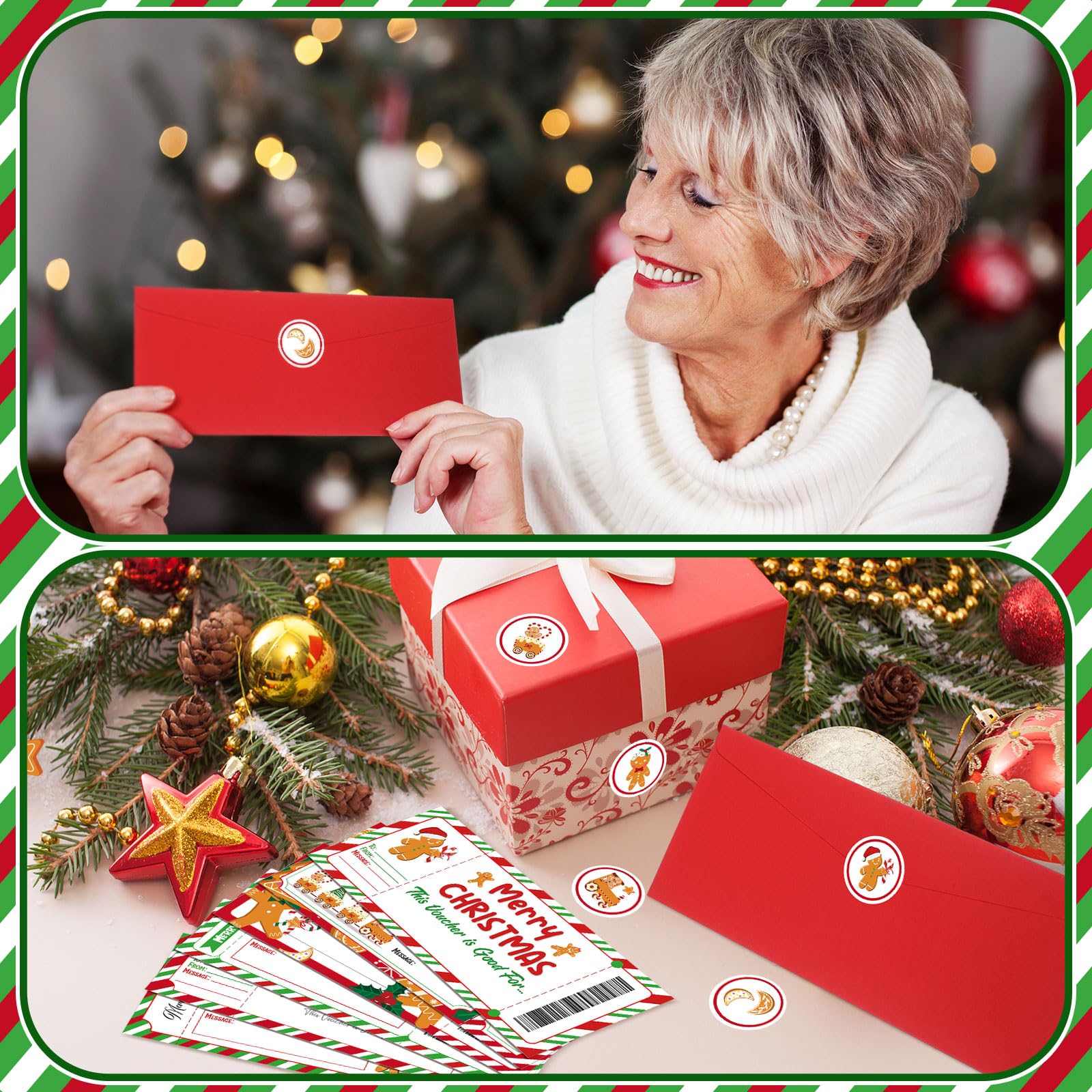 Tenare 48 Sets Weihnachtsgutschein-Gutschein-Buch, blanko, Weihnachtsgutscheine, Geschenkgutscheinkarten mit rotem Umschlag und Aufkleber, für Geschäftserfahrung, Geschenk, Weihnachtsfeier