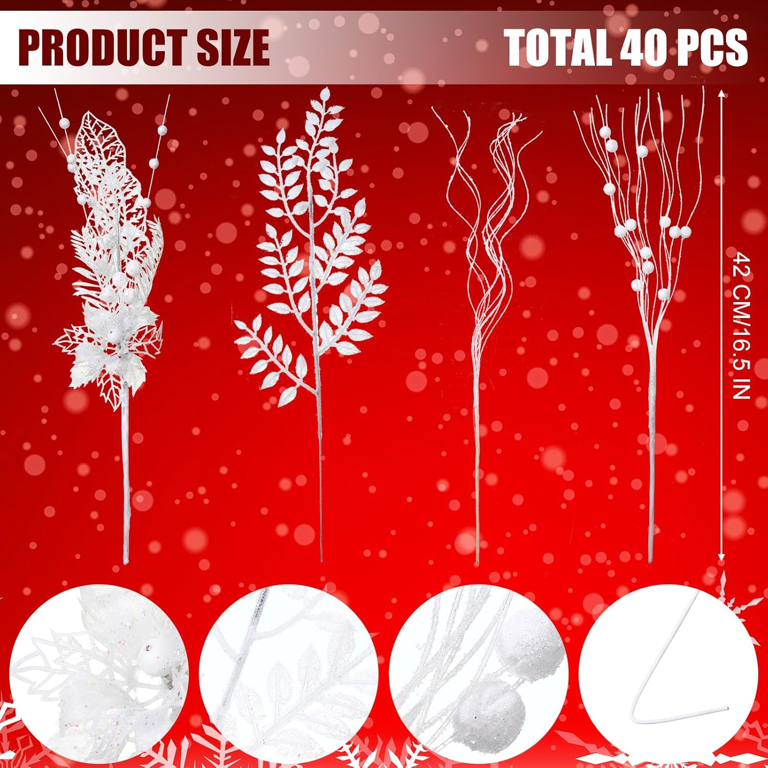 Thiccywoov 40 Pack White Christmas Picks and Sprays for Tree 17.5'' Artificial Glitter Berry Stem Pick with Poinsettia Christmas Tree Filler Ornaments Tree Topper Branch for Xmas DIY Wreath