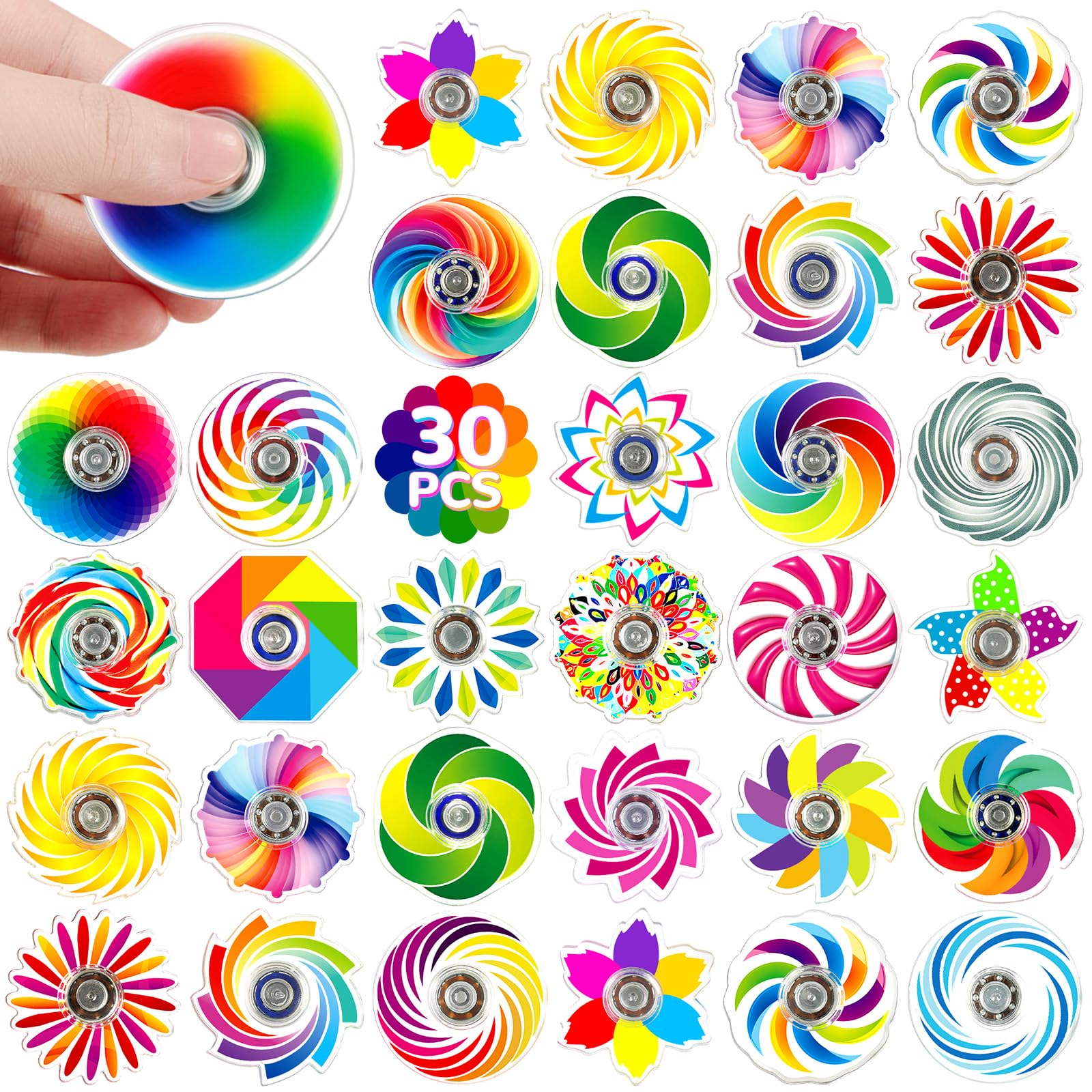 SCIONE 30 Pack Mini Party Bag Fillers for Kids – Bulk Rainbow Fidget Spinners, Ideal for Pass the Parcel Prizes, Birthday Gifts, Classroom Rewards & Sensory Fidget Toys(1.6 Inch)