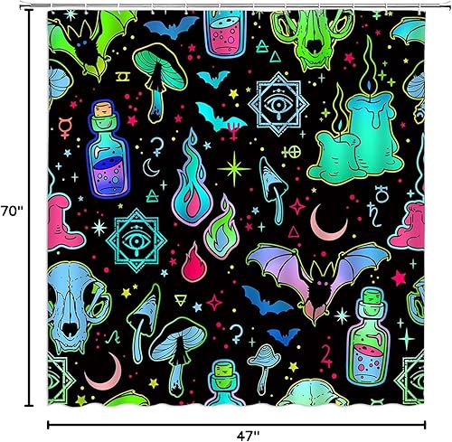 Miniatura 6 de GCTNBJL Cortina de ducha de Halloween, espeluznante alquimia bruja, tablero de ouija, murciélago, cráneo, hongo gótico, luna, estrella, bohemio,