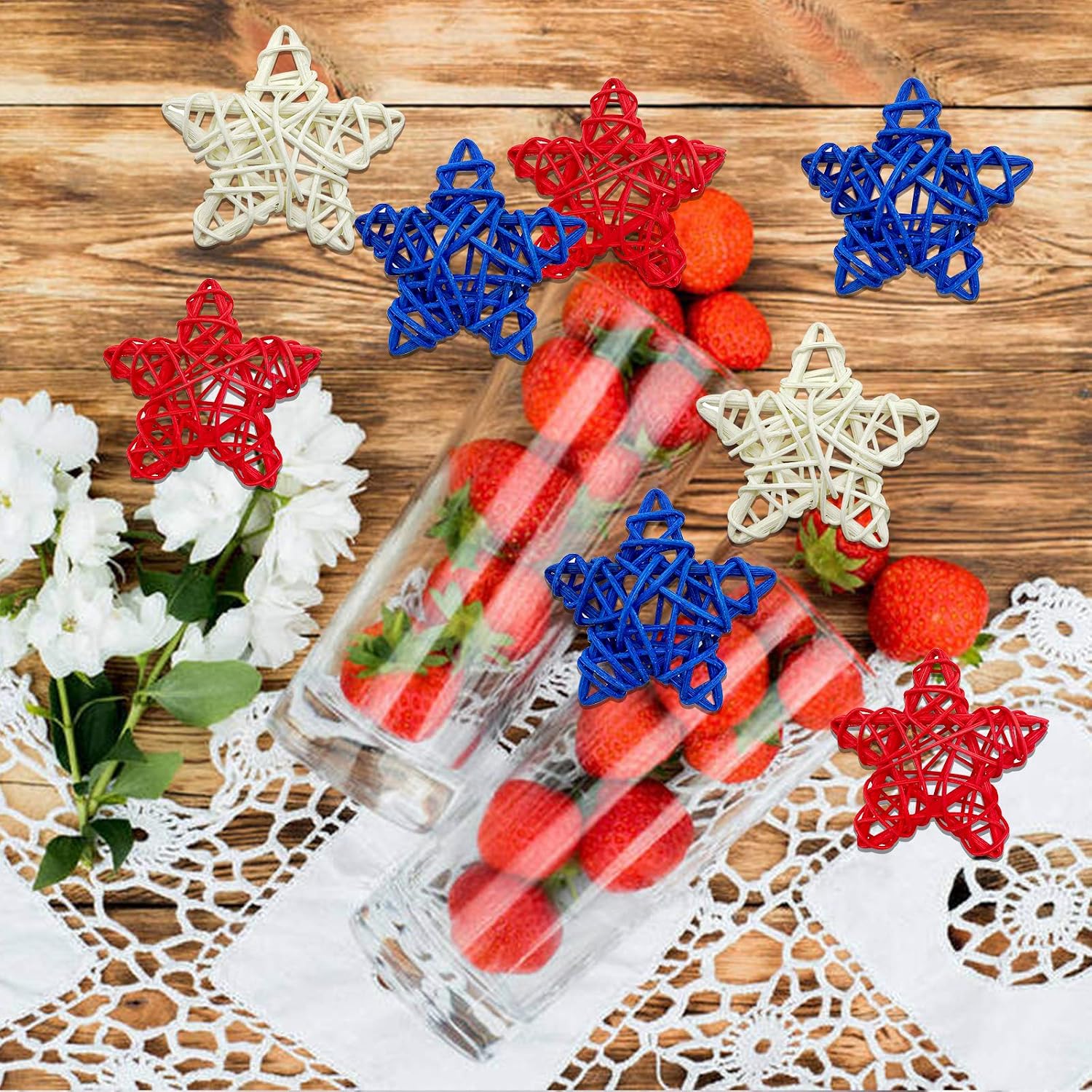 EBaokuup 36PCS 4th of July Natural Rattan Stars, 1.96 Inch Red White and Blue Wicker Rattan Stars for Independence Day Home Decor DIY Craft Vase Bowl Filler Table Decoration