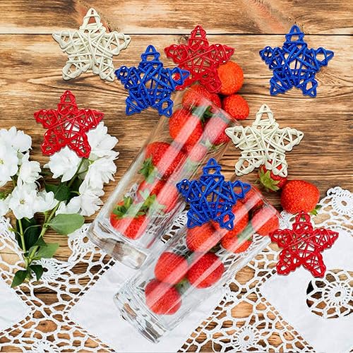 Vista 5 de EBaokuup 36 estrellas de ratán natural del 4 de julio, estrellas de ratán de mimbre de 1.96 pulgadas, color rojo, blanco y azul, para decoración