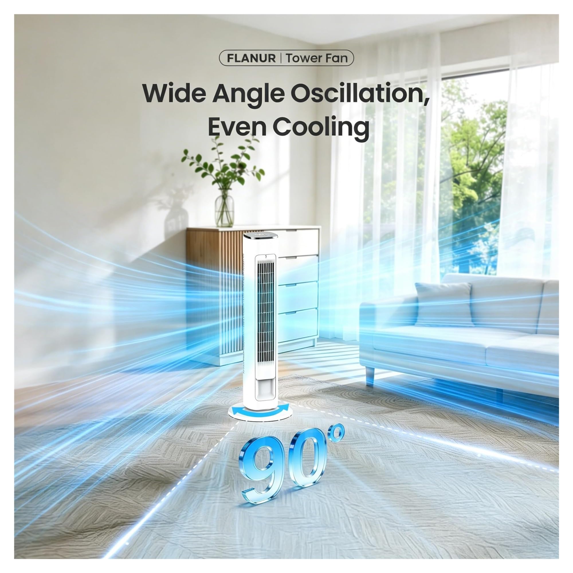 Ventilador de la torre inteligente con el control remoto de la aplicación, 90 diseño oscilante sin cuchillas para la oficina del dormitorio, velocidad del viento de 25 pies/s, modo de suspensión silen