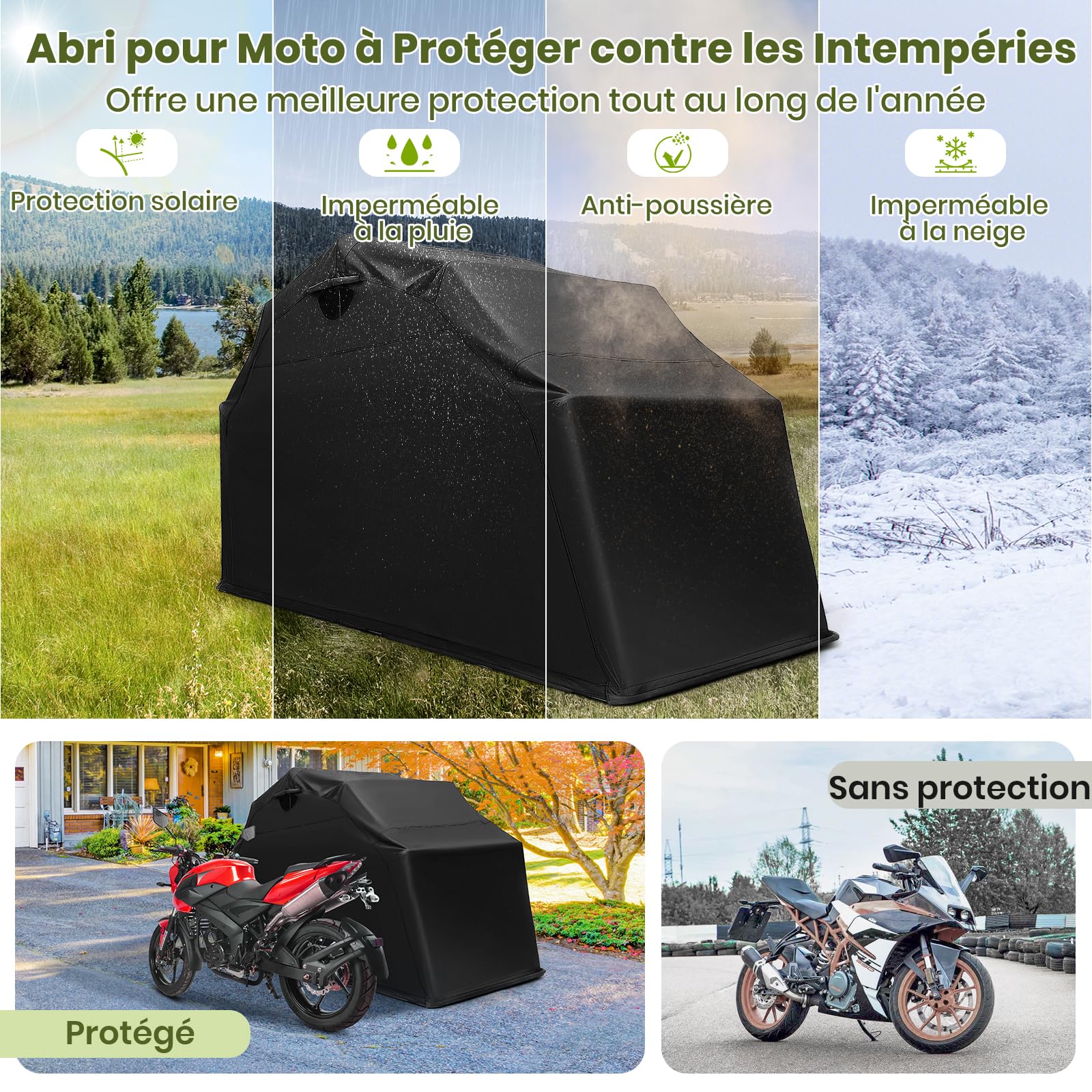 GOPLUS Abri Moto Extérieur 342 x 137 x 193 cm, Housse de Moto Etanche Housse Oxford, Fenêtre de Ventilation, Vis d'Expansion, Abri Voiture