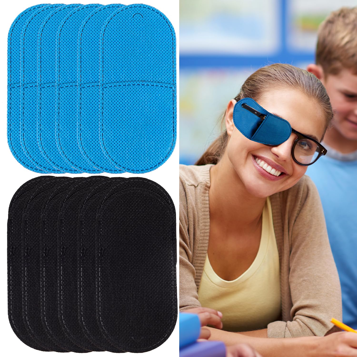 12pcs Eye Patches for Glasses, Non-Woven Fabric Large Size Eye Patch to Cover Right Left Eye for Lazy Eye Amblyopia Strabismus Improve Vision (Black, Blue)