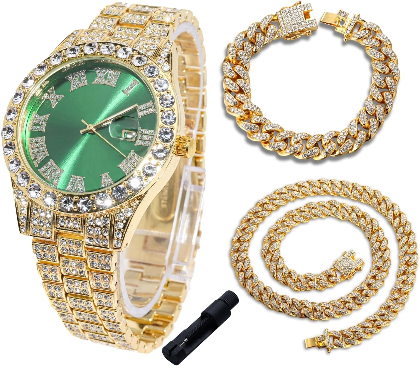 Halukakah Diamonds Gold Watch Iced Out for Boy Teens Kids - 18K Real Gold/Platinum Plated,42mm Blue/Green/Red Dial,Japanese Quartz - 8" Length - Optional with Cuban Link Chain,with Watch Adjuster Tool