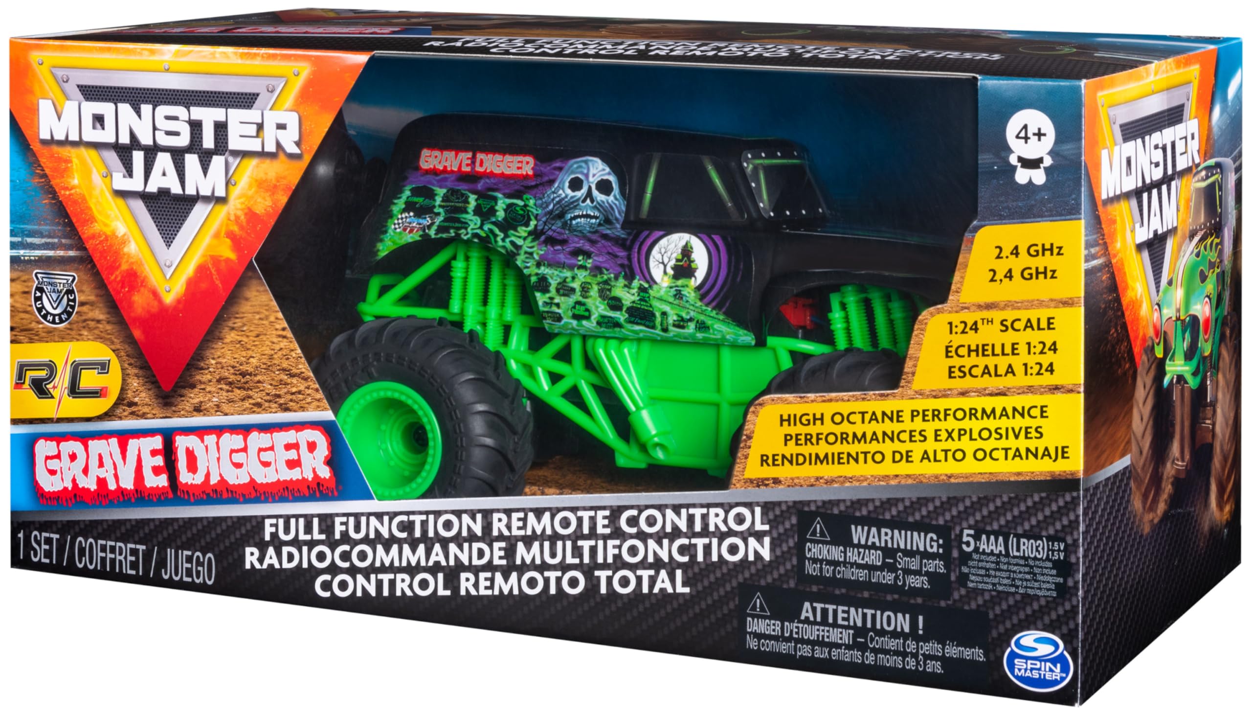 Monster Jam - Coche Teledirigido Grave Digger - Coche RC Grave Digger a Escala 1:24-2.4GHZ hasta 76m - Juguetes Niños 4 Años +
