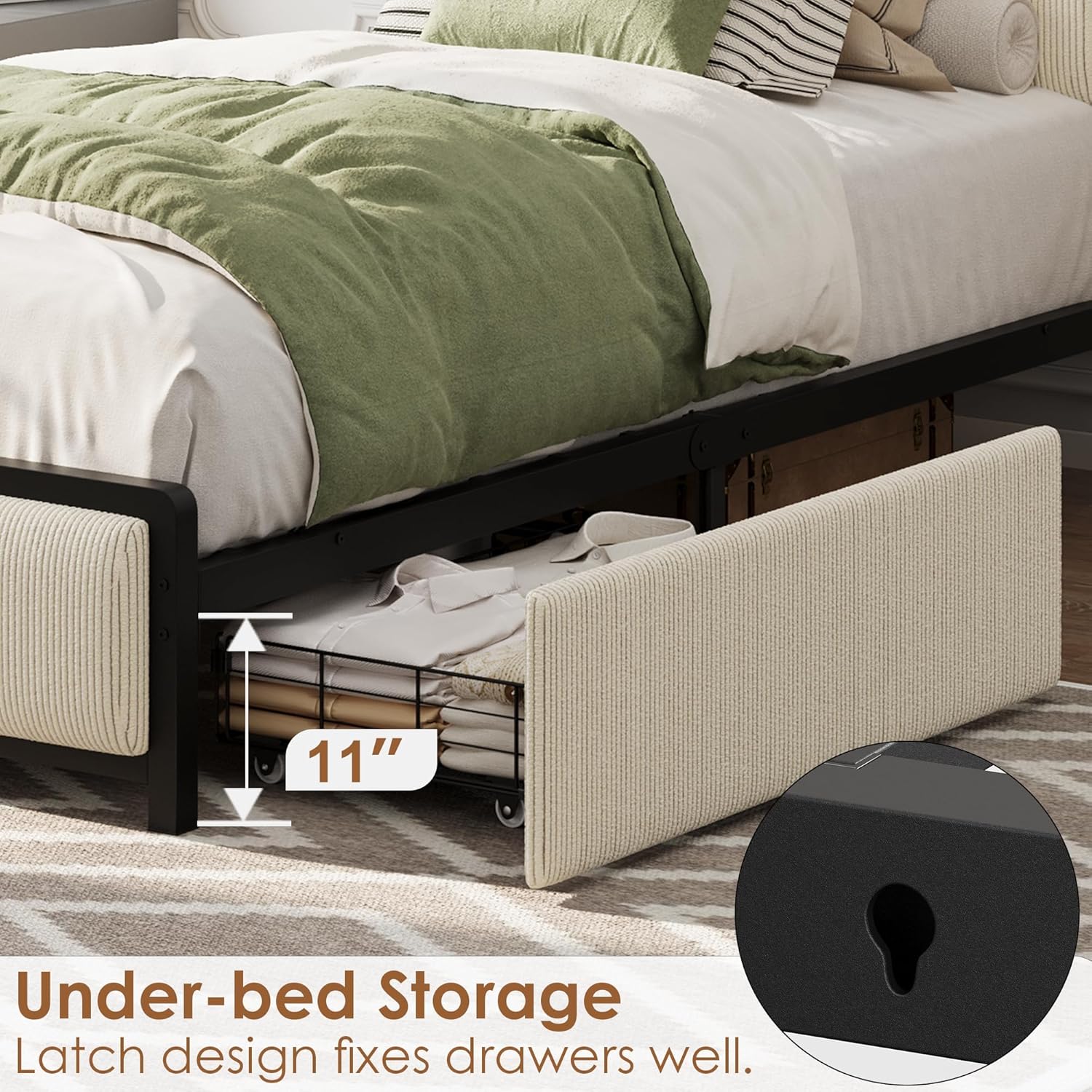 GarveeHome Twin XL Size Bed Frame with Storage Headboard, Black Corduroy Upholstered Twin Platform Bedframe with Storage Drawers and Charging Station, No Box Spring Needed, Noise Free, Beige