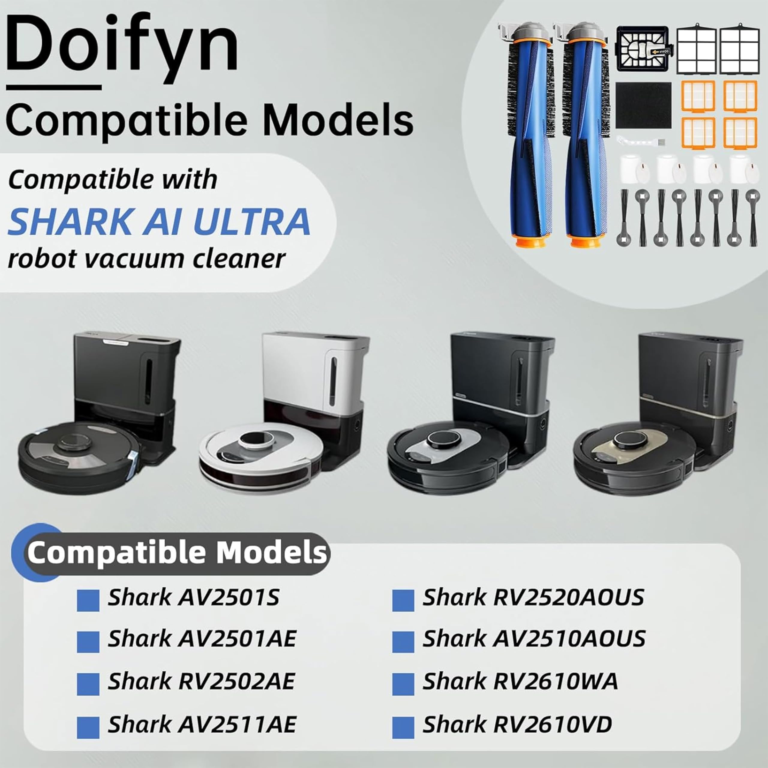 Ersatzteile kompatibel mit Shark AI AV2501S AV2511AE AV2501AE RV2502AE RV2610WA AV2510AOUS RV2520AOUS Roboterstaubsauger, 2 Hauptbürsten, 4 Motorvorfilter, 4 Schaumstofffilter, 8 Seitenbürsten