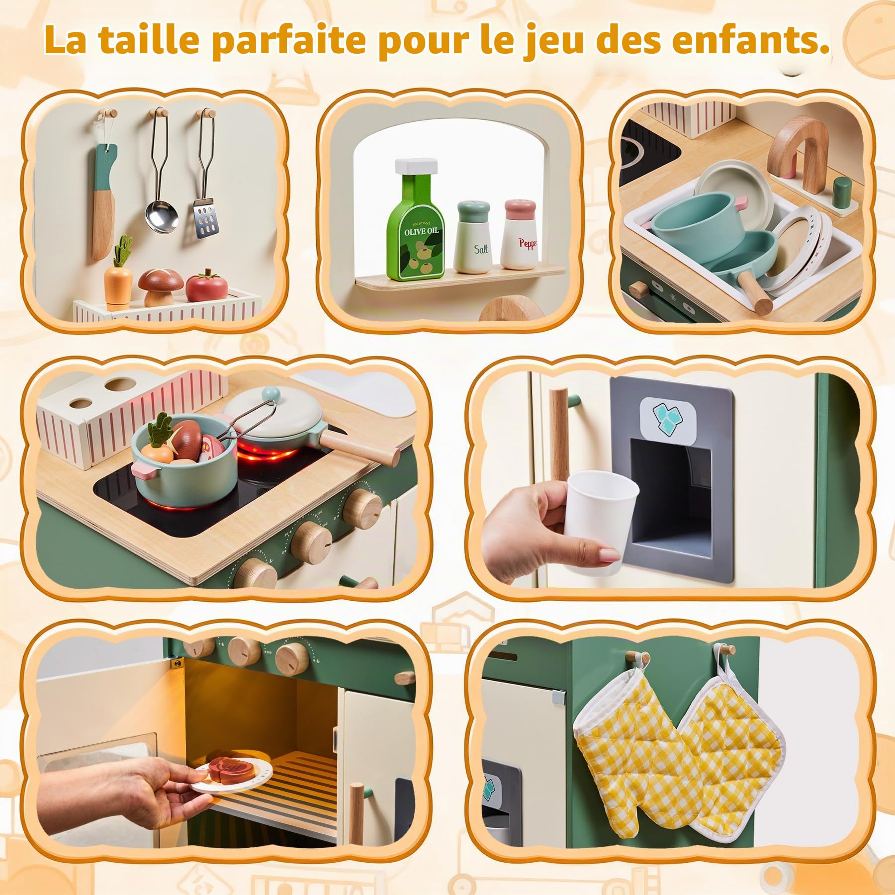 TOYWOO Cuisine en bois pour enfants avec lumière et son, cuisine de jeu pour enfants à partir de 3 ans avec set de nourriture à découper, évier, cuisinière et micro-ondes, jouet éducatif de jeu de