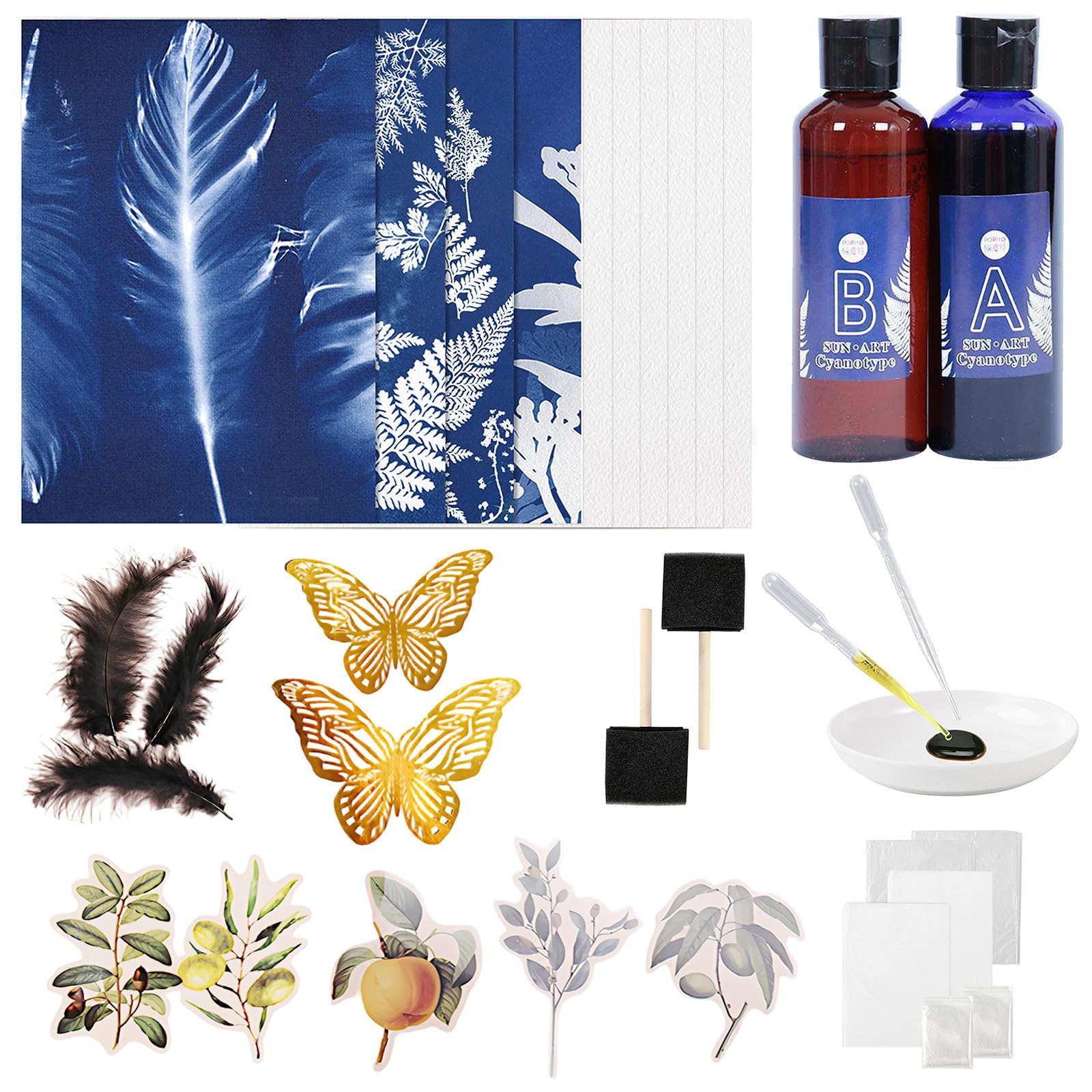 Cyanotype Paper Kit - Sun Print Nature Printing Kit, DIY Cyanotype Craft Projects, 2 Cyanotype Sensitizer, 25 Sheets A4 Paper, Material kits, High Sensitive Solar Activated Art Printing for Crafting