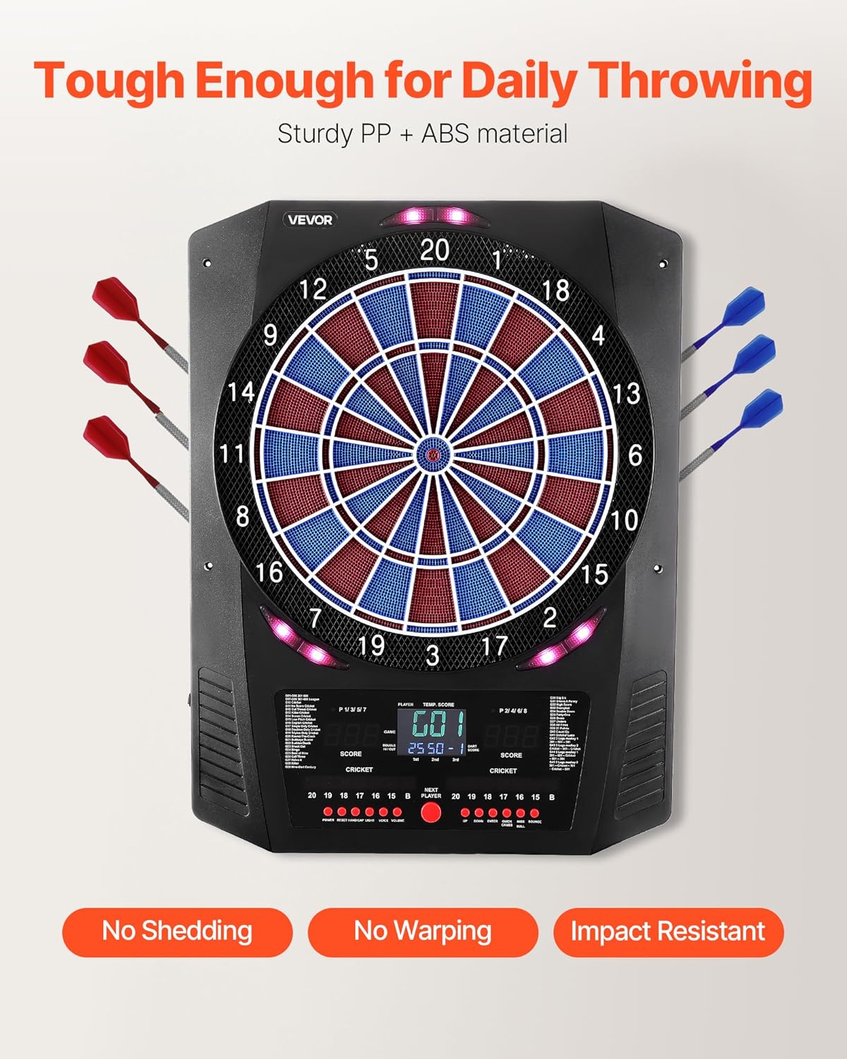 Close-up of the VEVOR Electronic Dart Board showing the USB power input port.
