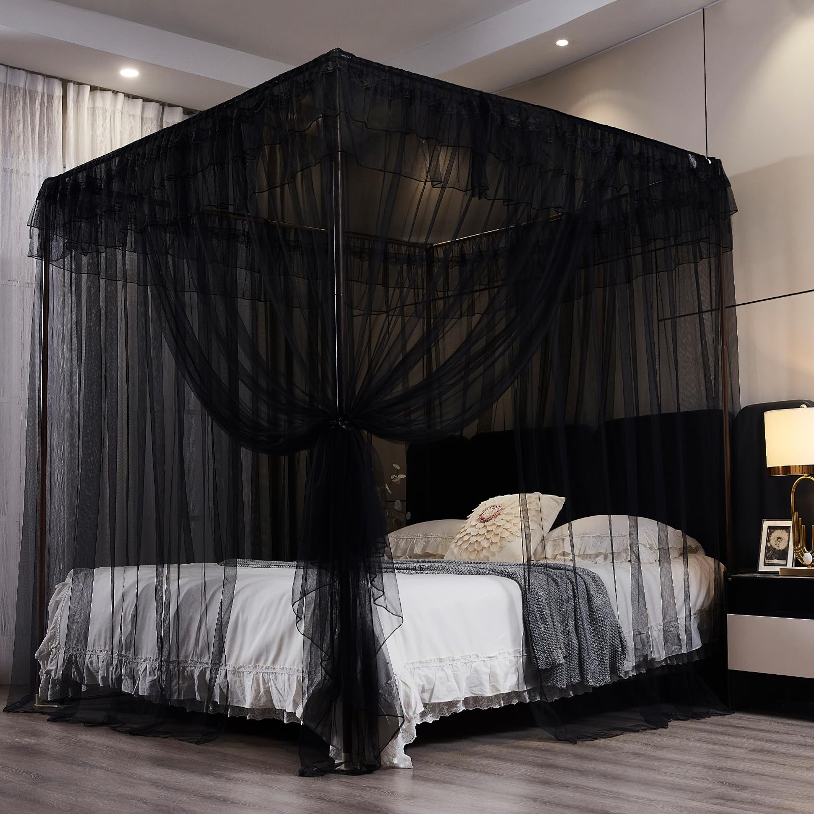 Kertnic Betthimmel-Vorhänge für Mädchen und Erwachsene, Queen-Size-Bett, Baldachin, Vorhänge, Netz, praktisches Moskitonetz für Bett, Schwarz, Kingsize-Bett - 218,4 cm B x 198,1 cm L x 208,3 cm H