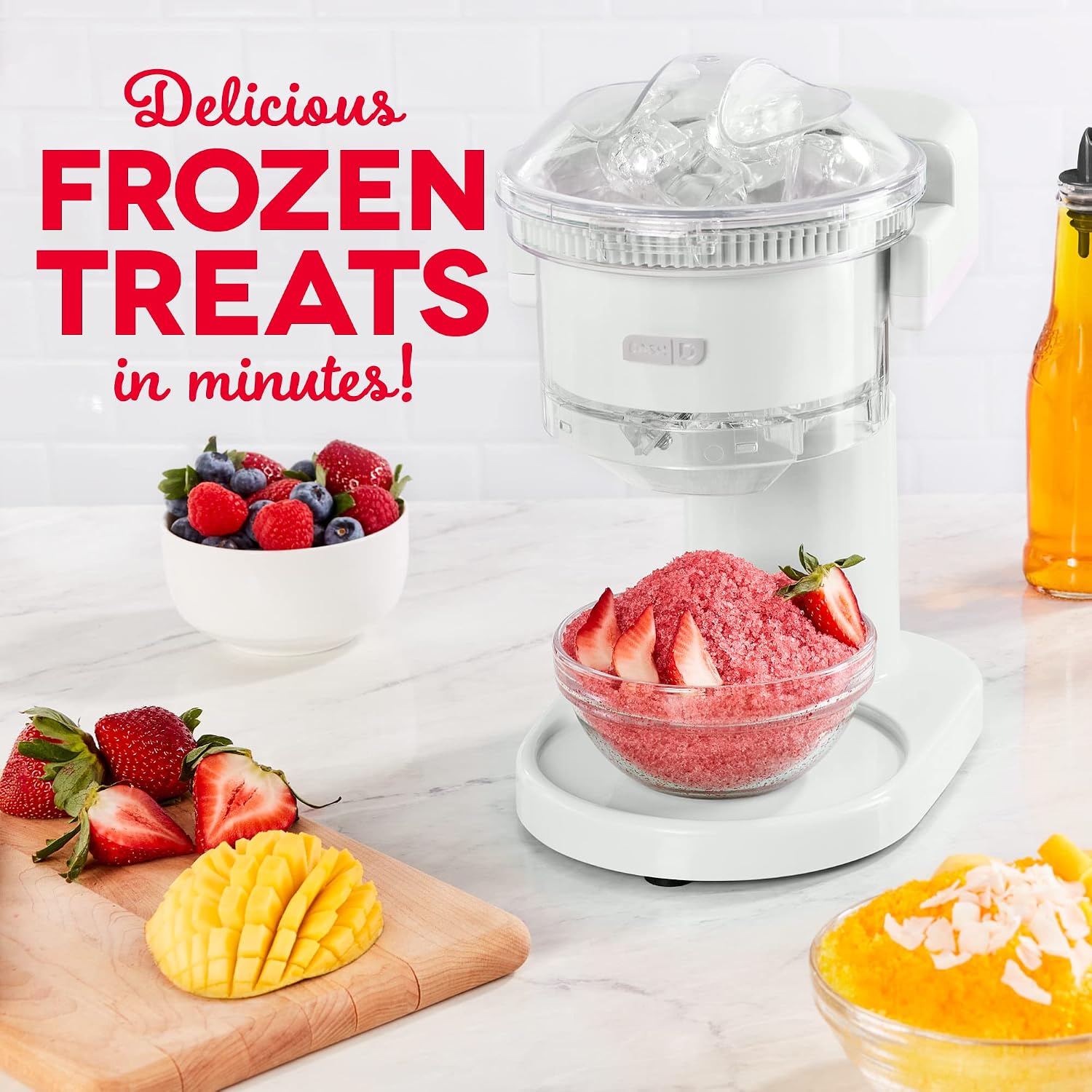 Dash Shaved Ice Maker + Slushie Machine with Stainless Steel Blades for Snow Cone, Margarita + Frozen Cocktails, Organic, Sugar Free, Flavored Healthy Snacks for Kids & Adults - White