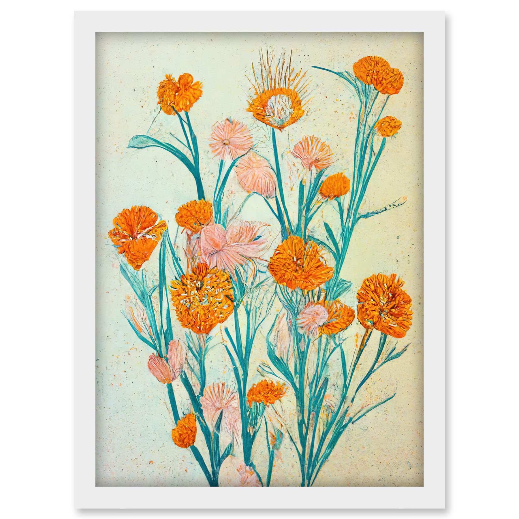 Boho Marigold Flowers Teal Orange Painting Artwork Framed A3 Wall Art Print