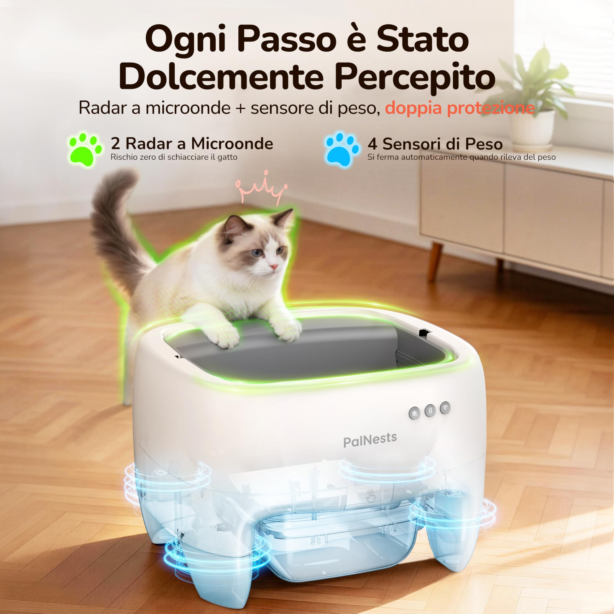 Lettiera Gatto Autopulente, Lettiera Automatica per Gatti Sicurezza Anti-Pizzicamento, Design Aperto con Ingresso dall'Alto per Gatti Grandi e Multipli, Controllo APP, Deodorizzazione, Bianco
