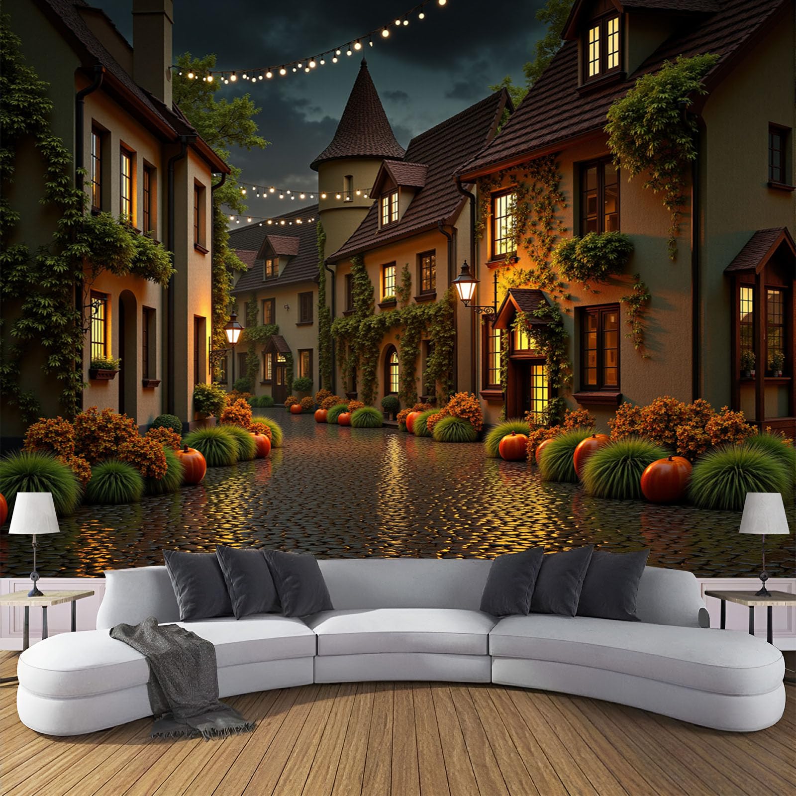 Papier peint panoramique 3D ville européenne vue de nuit pour mur de chambre
