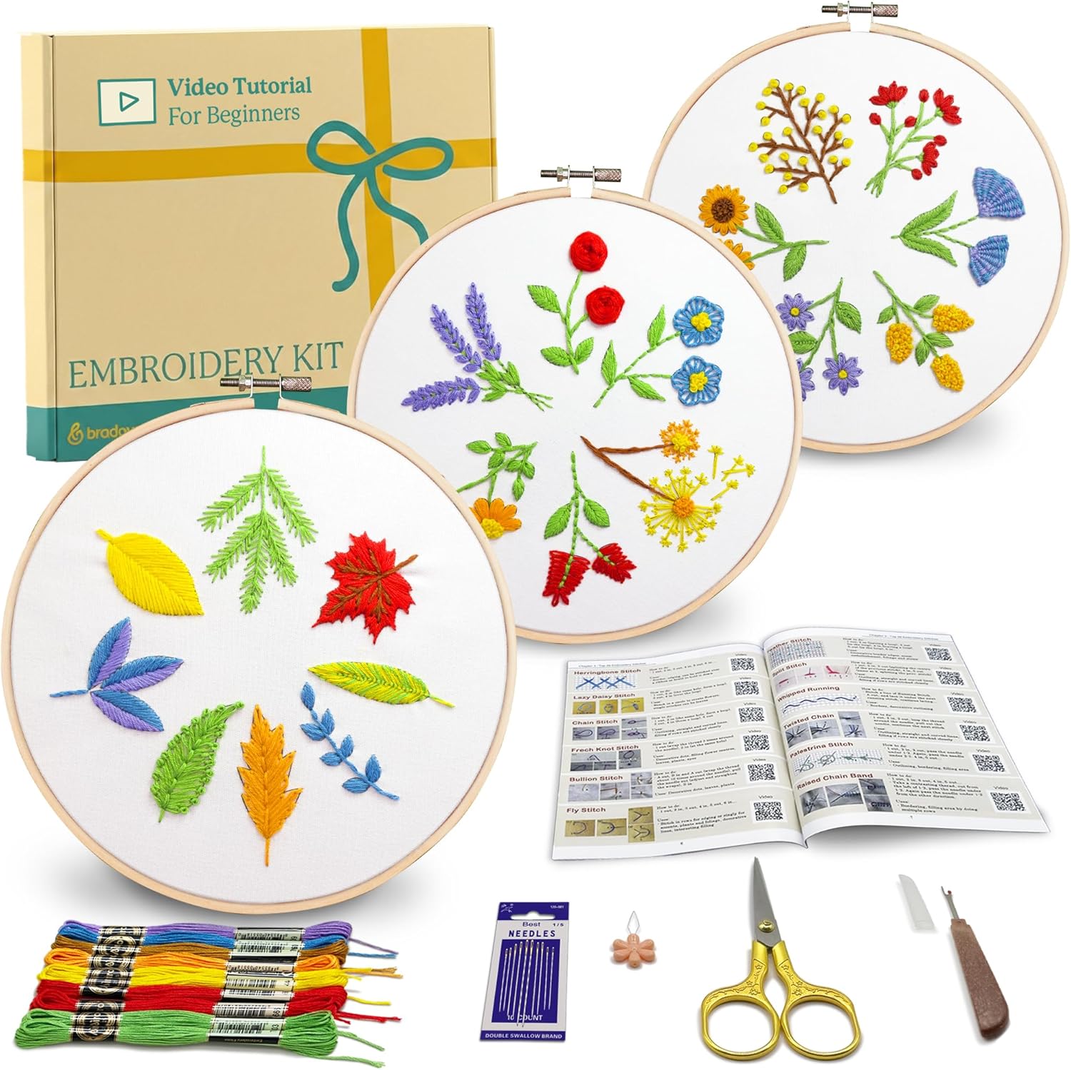 Bradove 3 Sets Leaves and Flowers Embroidery Kit for Beginners, Beginner Embroidery Kit for Adults Kids, Learn to Embroider Adult Beginner