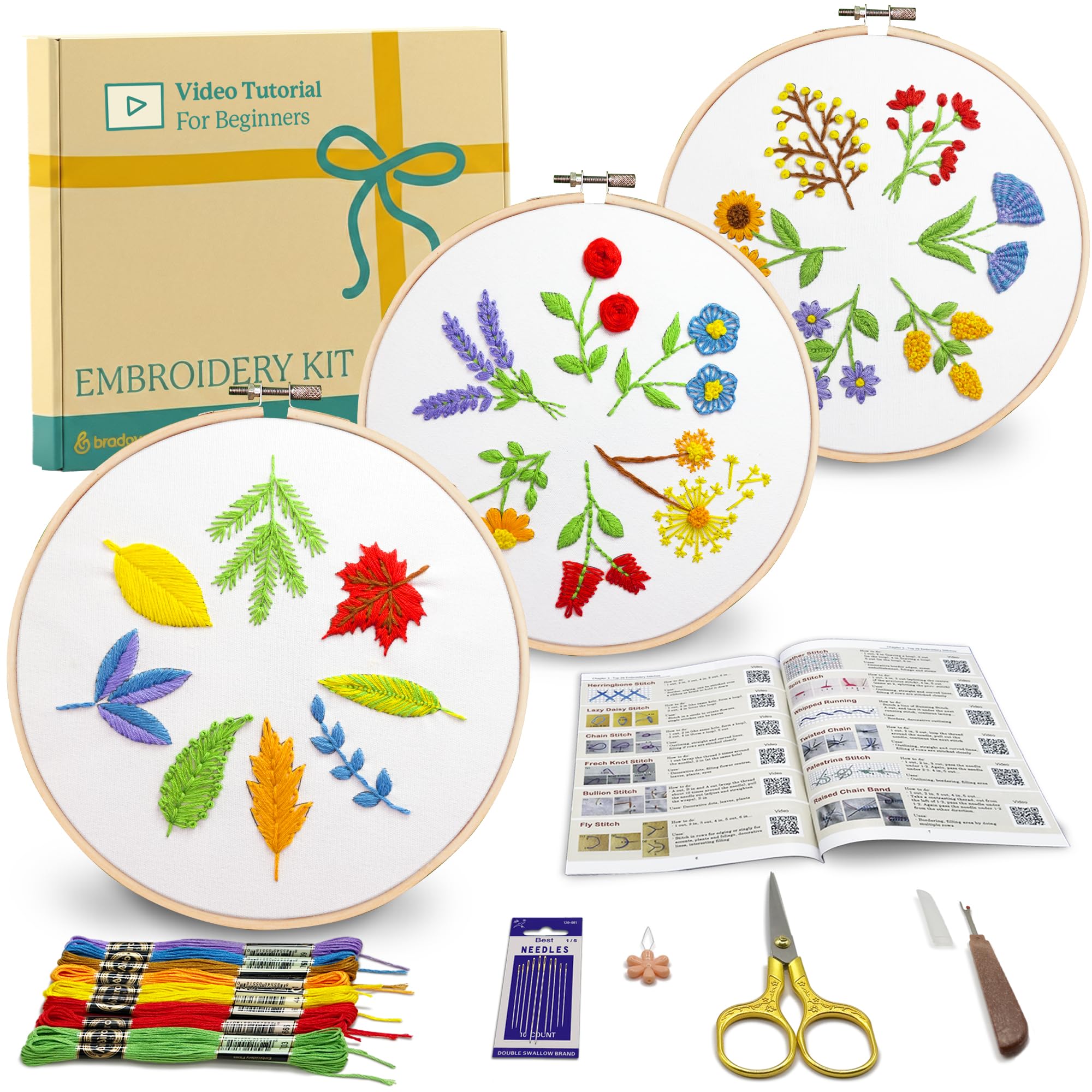 Bradove 3 set di kit di ricamo foglie e fiori per principianti, kit di ricamo per principianti per bambini adulti, impara a ricamare principianti adulti