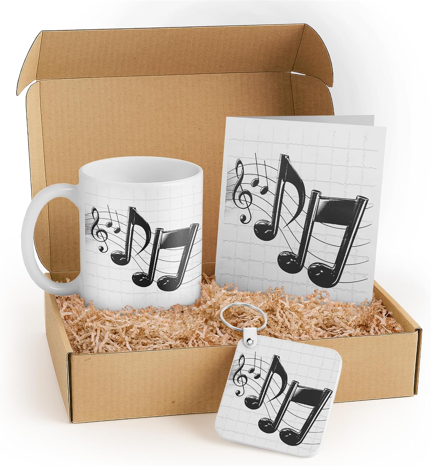3dRose Music Lover Gift Set: Mug, Keychain, and Card with Black Notes on White – Perfect for Musicians, Birthdays, and Music Teachers