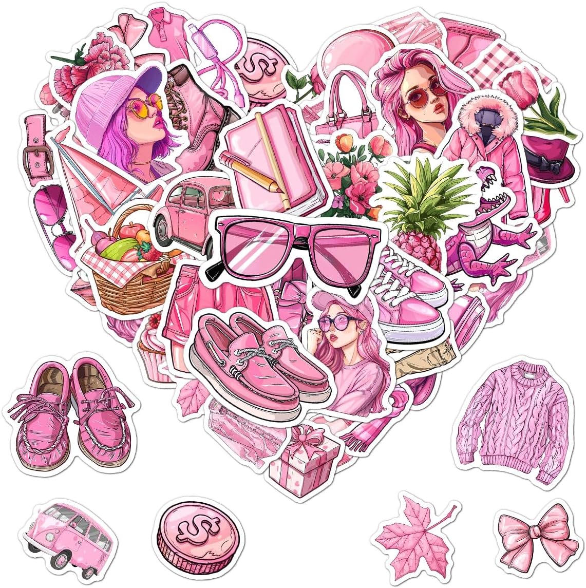 Pack 50 Pcs Cute Pinky Preppy Stickers for Water Bottles Funny Laptop Luggage Computer Scrapbooking Kids Teens Girls Boys Adults Aesthetic Waterproof Sticker Small Vinyl Decal